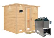 Sauna "Leja" SET mit Energiespartür und Kranz - Farbe: Natur, Ofen externe Steuerung easy 9 kW - 259 x 210 x 205 cm (B x T x H)