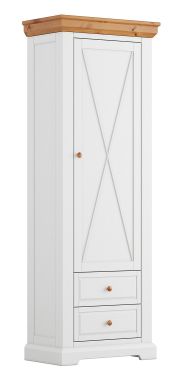 Schmaler Schrank Bresle 14 mit 200 x 70 x 42 cm, Weiß / Natur, aus finnischer Kiefer, 1x Holztür, 2x Schublade, 1x Einlegeboden, Soft-Close-System