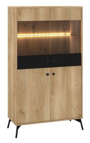 Vitrine Lincolnia 03, Farbe: Eiche / Schwarz - Abmessungen: 160 x 90 x 40 cm (H x B x T), mit 4 Türen und 4 Fächern