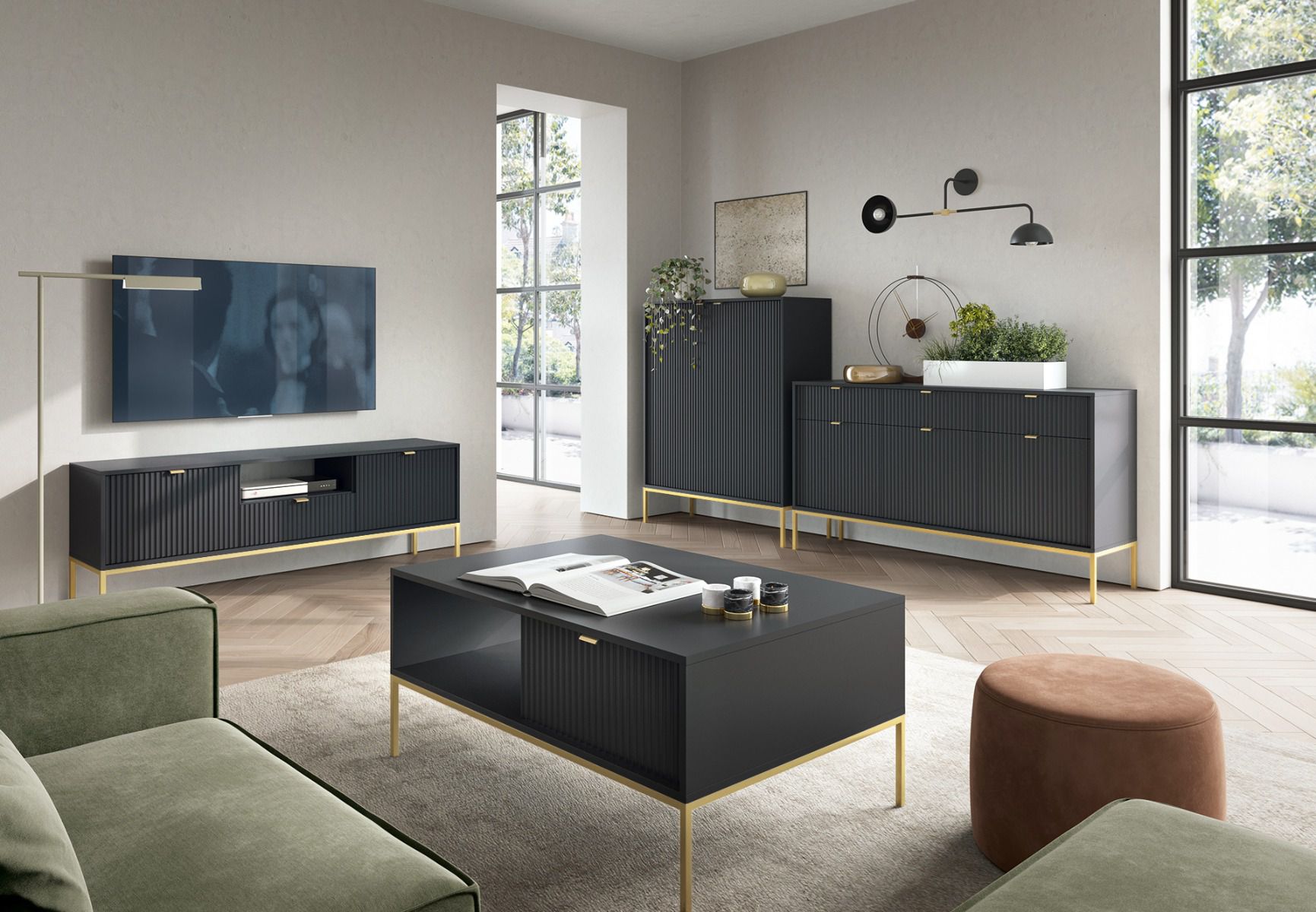 Wohnzimmer Komplett   Set O Worthing, 20 teilig, Farbe Schwarz / Gold