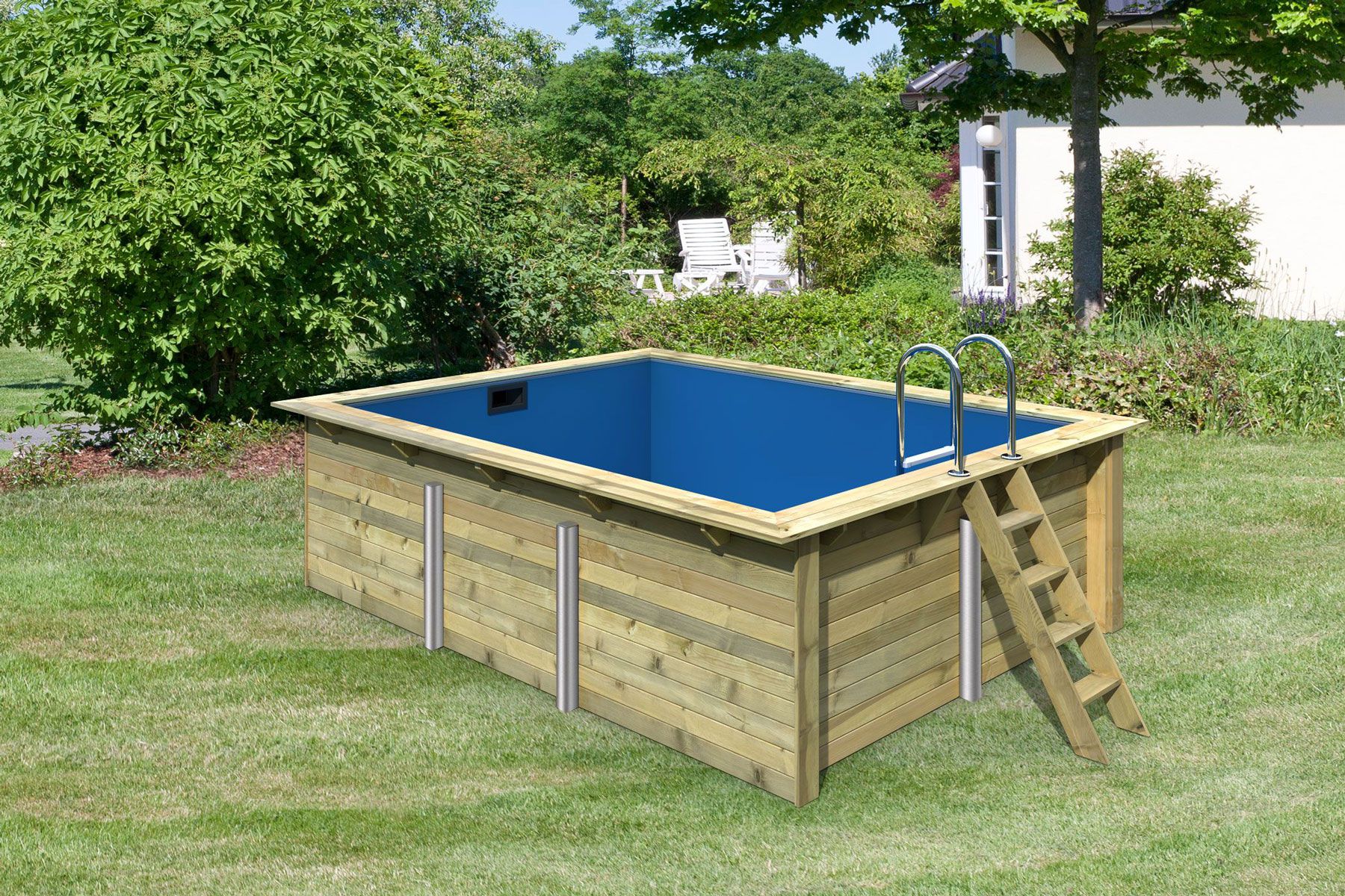 Garten Pool 2 rechteckig aus Holz, Farbe: Natur KDI, Ø 564 cm, inkl. Leitern