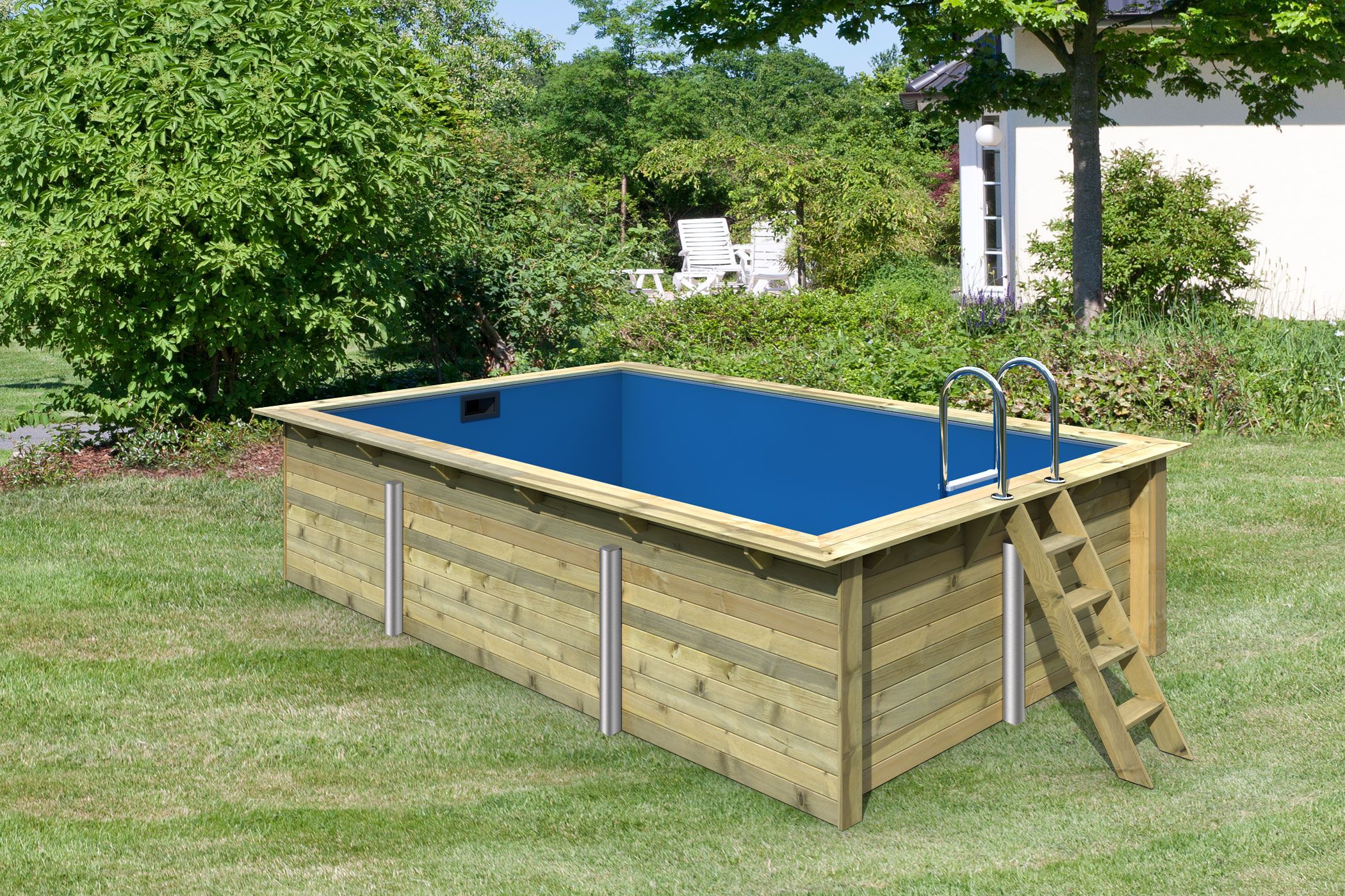 Garten Pool 3 rechteckig aus Holz, Farbe: Natur KDI, Ø 637 cm, inkl. Leitern