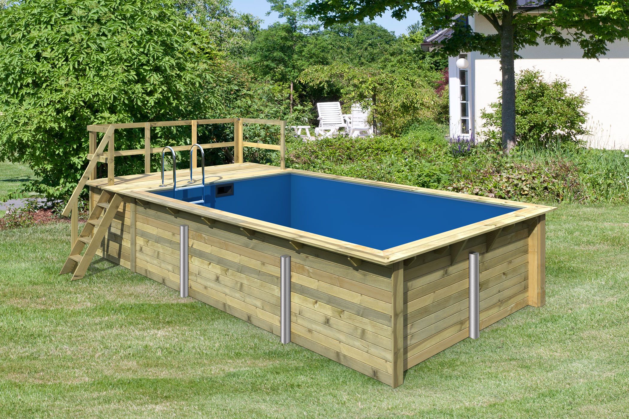 Garten Pool 3 SET rechteckig aus Holz, Farbe: Natur KDI, Ø 637 cm, inkl. Leitern & Terrasse