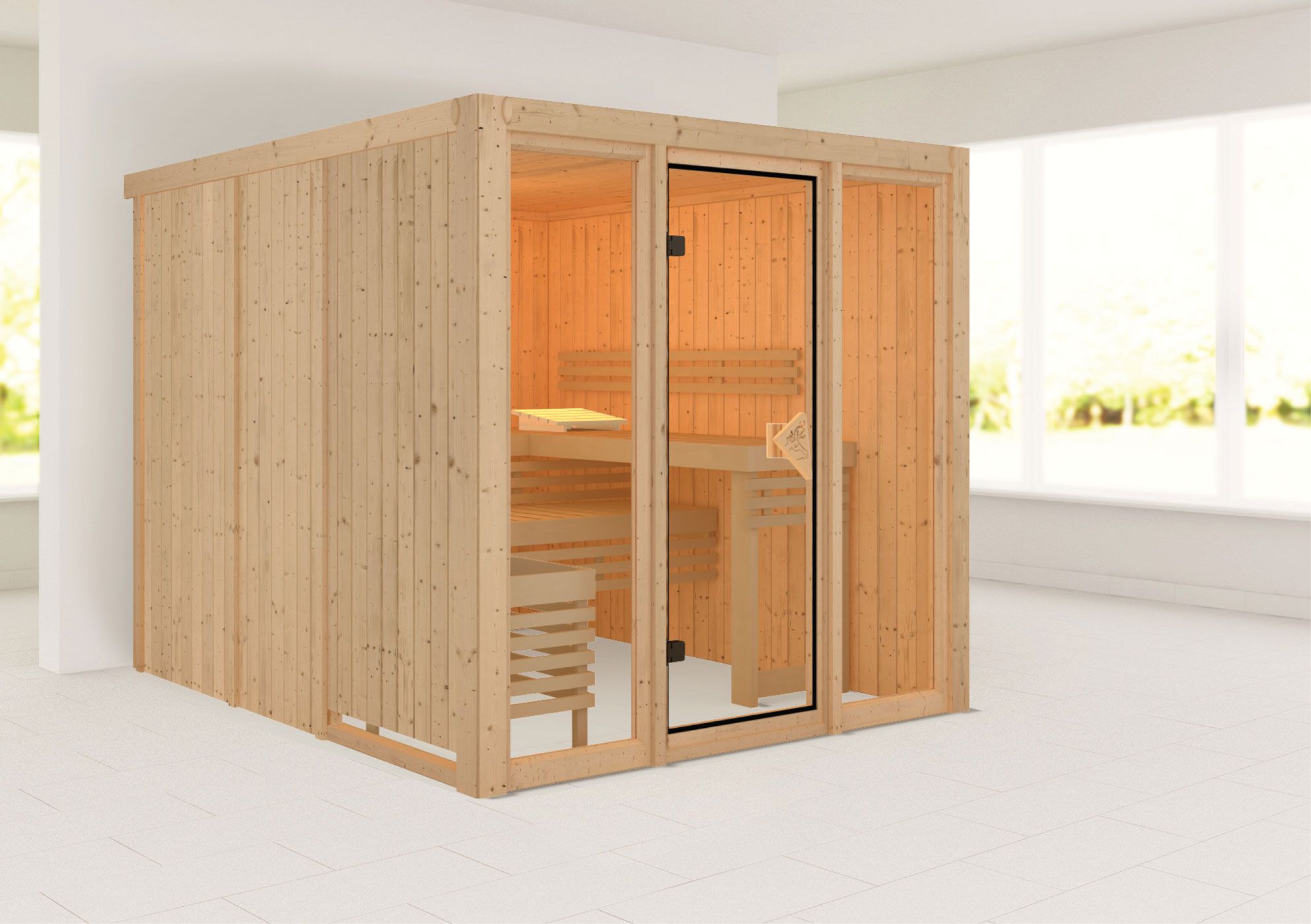 Sauna "Druna" mit bronzierter Tür und Glasfront Farbe: Natur - 216 x 234 x 198 cm (B x T x H)