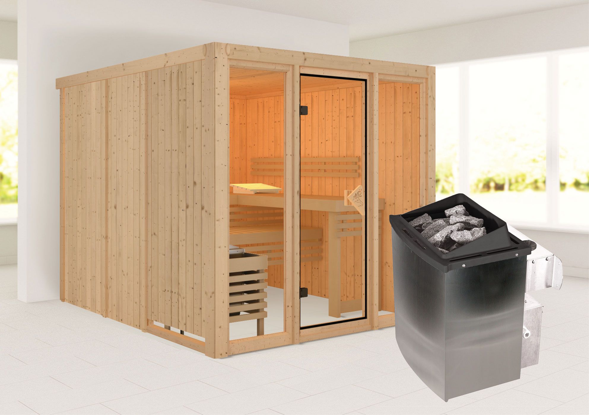 Sauna "Druna" SET mit bronzierter Tür und Glasfront - Farbe: Natur, Ofen 9 kW - 216 x 234 x 198 cm (B x T x H)