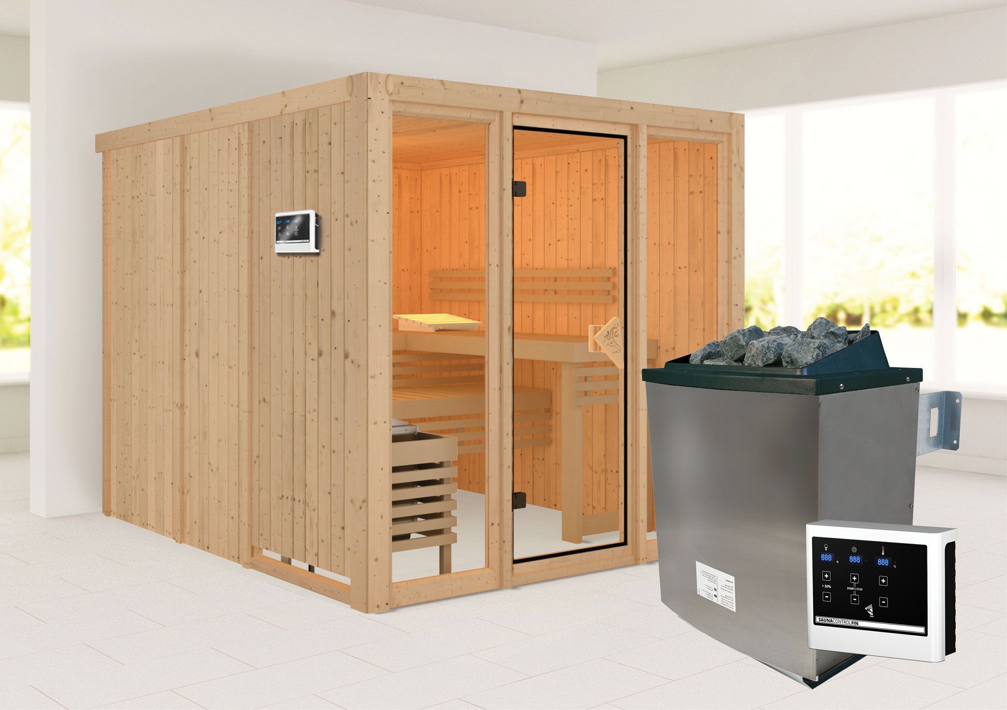 Sauna "Druna" SET mit bronzierter Tür und Glasfront - Farbe: Natur, Ofen externe Steuerung easy 9 kW - 216 x 234 x 198 cm (B x T x H)