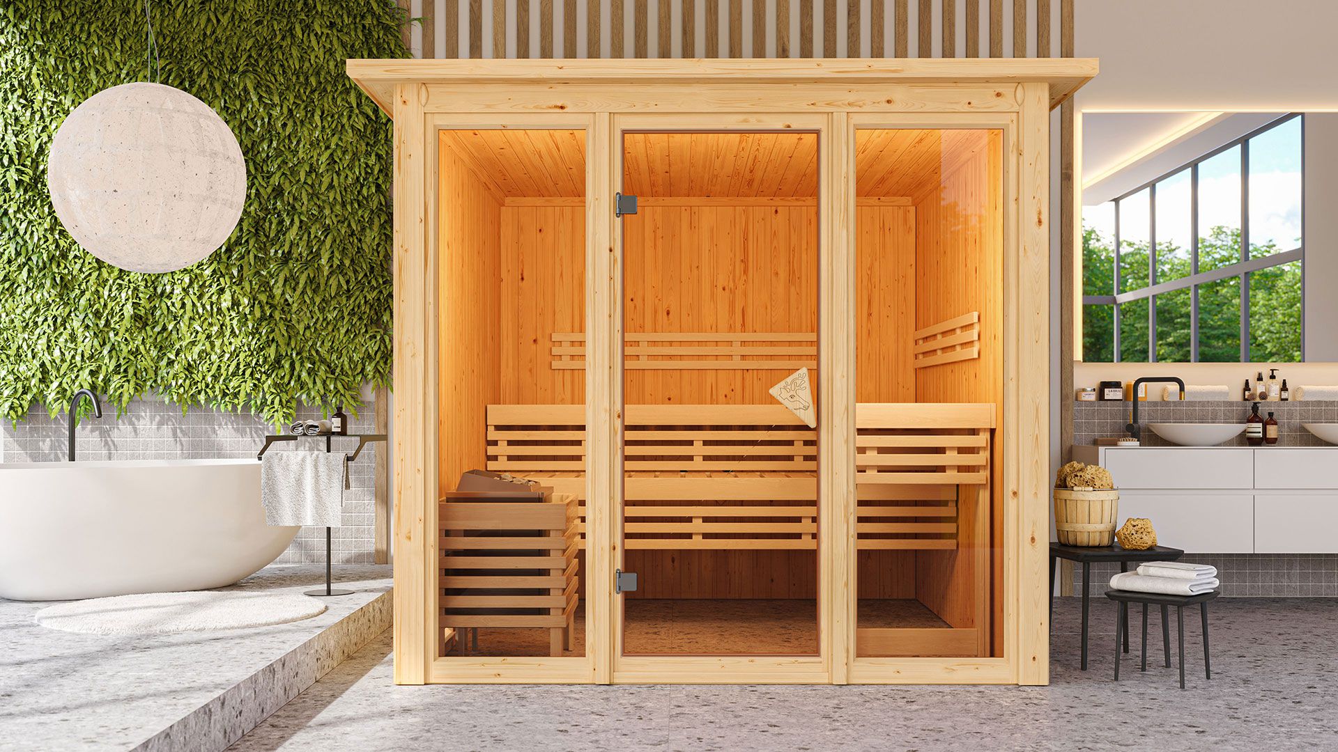 Sauna "Druna" SET mit bronzierter Tür, Glasfront und Kranz - Farbe: Natur, Ofen 9 kW - 240,5 x 248 x 202 cm (B x T x H)