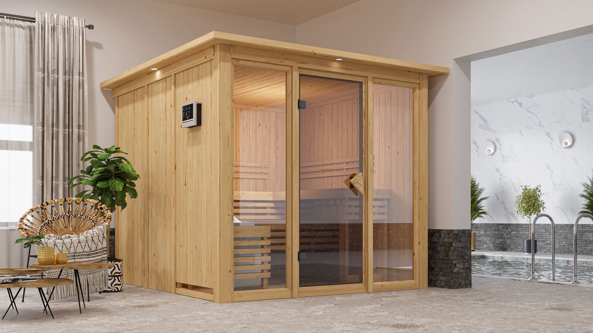 Sauna "Druna" SET mit bronzierter Tür, Glasfront und Kranz - Farbe: Natur, Ofen externe Steuerung easy 9 kW - 240,5 x 248 x 202 cm (B x T x H)