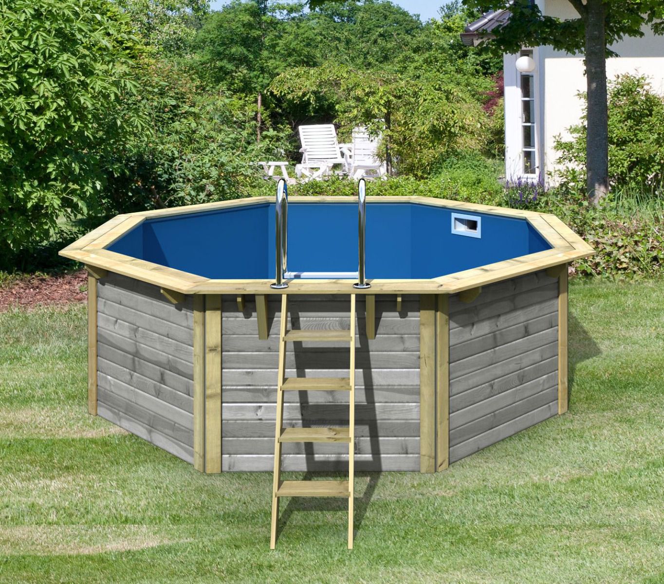 Garten Pool Modell 1 X SET, Farbe: Wassergrau Lasiert, Ø 432,5 cm, inkl. Leitern