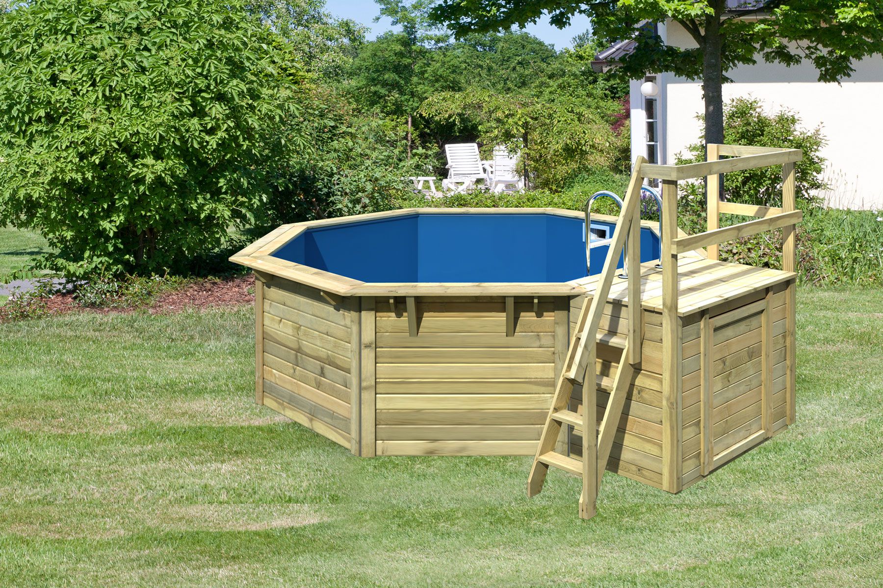 Pool Modell 1 X SET, Farbe: Natur KDI, Ø 432,5 cm, mit Leitern & Terrasse 