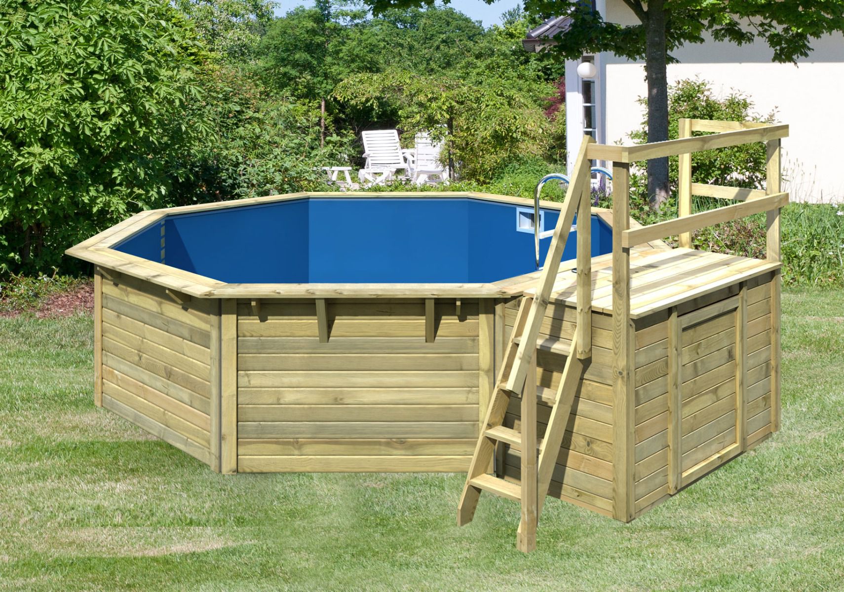 Holz Pool Modell 2 X SET, Farbe: Natur KDI, Ø 508 cm, inkl. Leitern & Terrasse