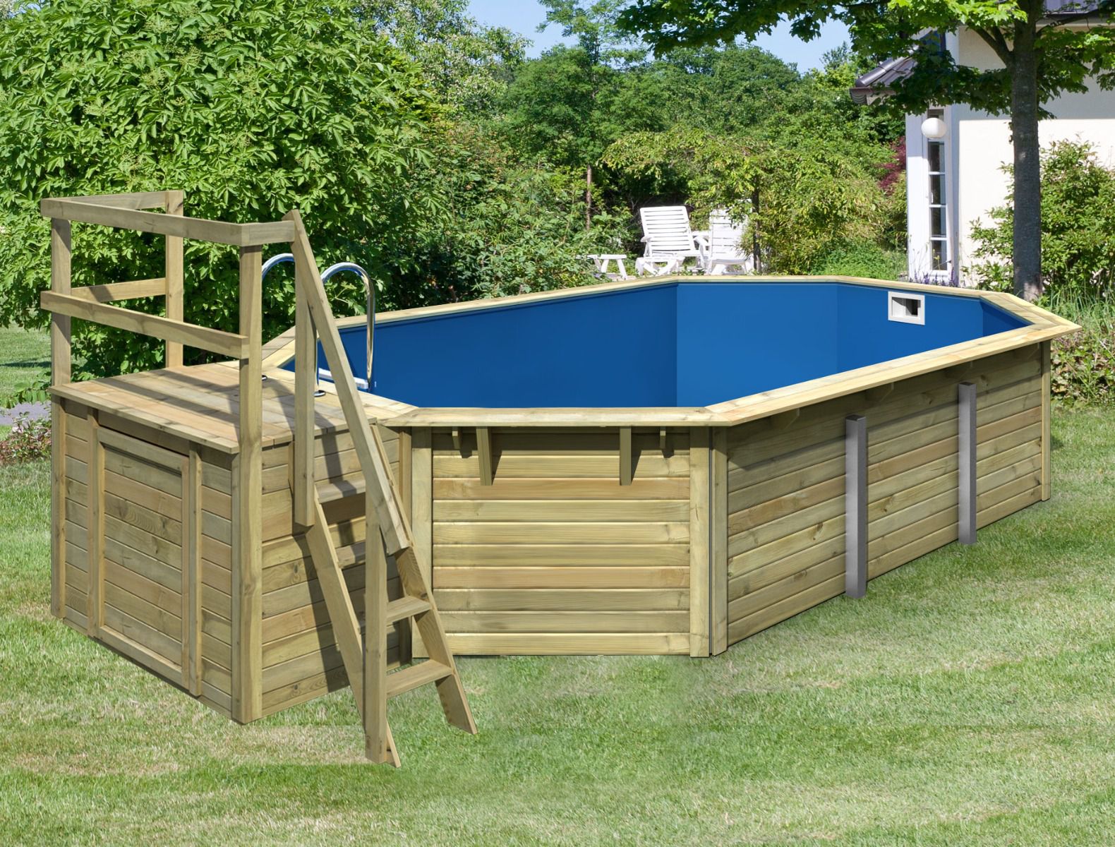 Pool aus Holz Modell 4 X SET, Farbe: Natur KDI, Ø 632,5, inkl. Leitern & Terrasse