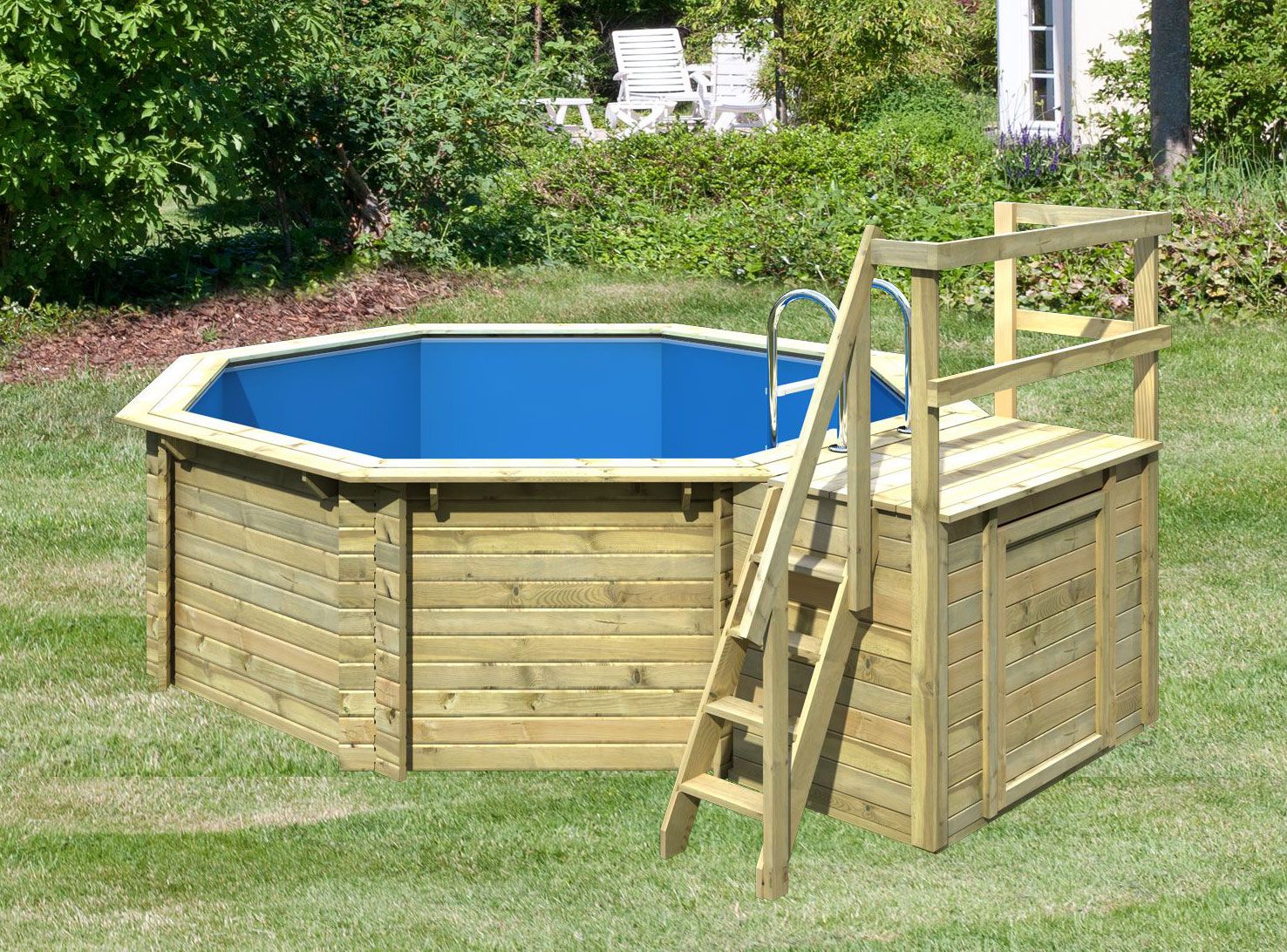 Holzpool 1 B SET, Farbe: Natur KDI, Ø 433 cm, inkl. Leitern & Terrasse