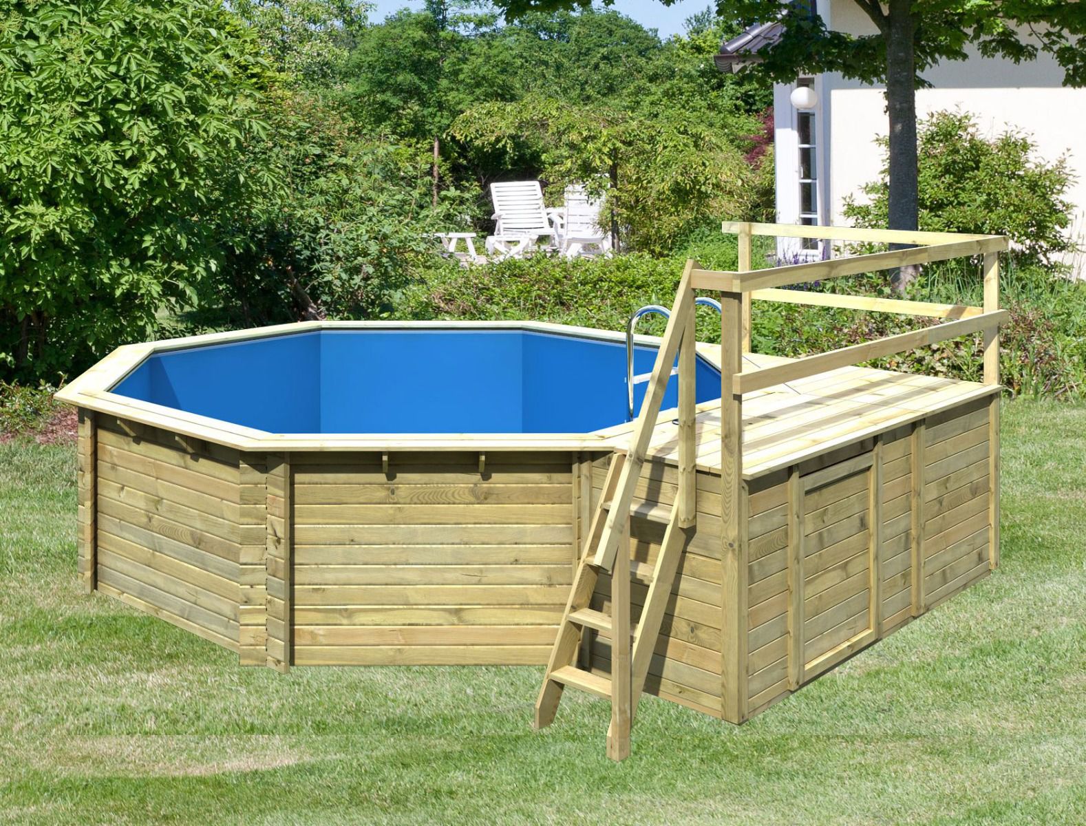 Holzpool Modell 2 C, Farbe: Natur KDI, Ø 509 cm, inkl. Leitern & Terrasse 2-teilig