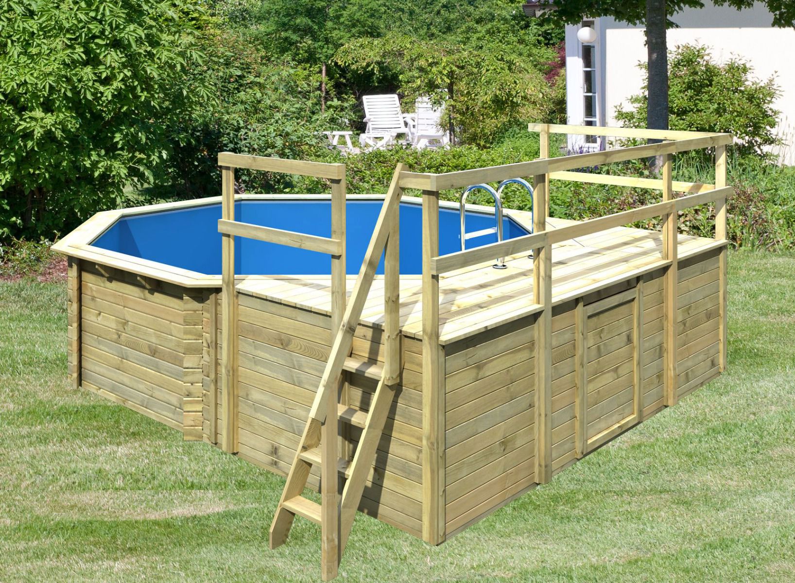 Pool Modell 2 D aus Holz, Farbe: Natur KDI, Ø 509 cm, inkl. Leitern & Terrasse 3-teilig