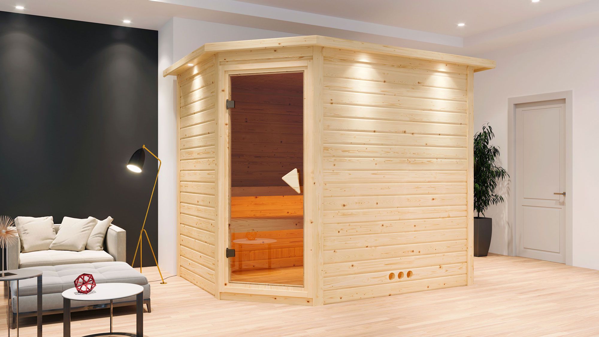 Sauna "Kirsten" SET mit bronzierter Tür und Kranz  mit Ofen 9 kW - 259 x 210 x 205 cm (B x T x H)