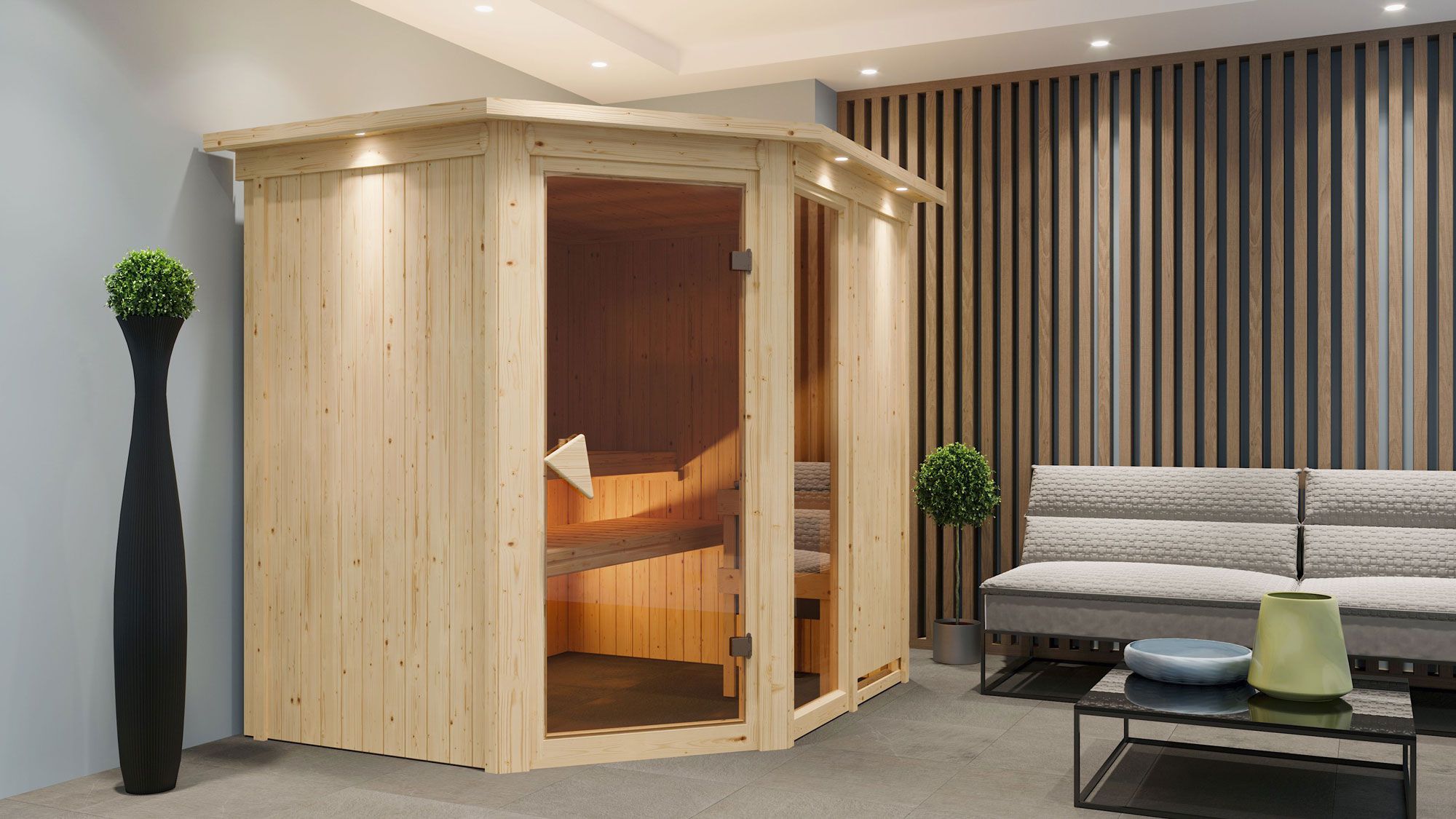 Sauna "Bjarki 2" SET mit bronzierter Tür und Kranz  mit Ofen 9 kW - 210 x 184 x 202 cm (B x T x H)