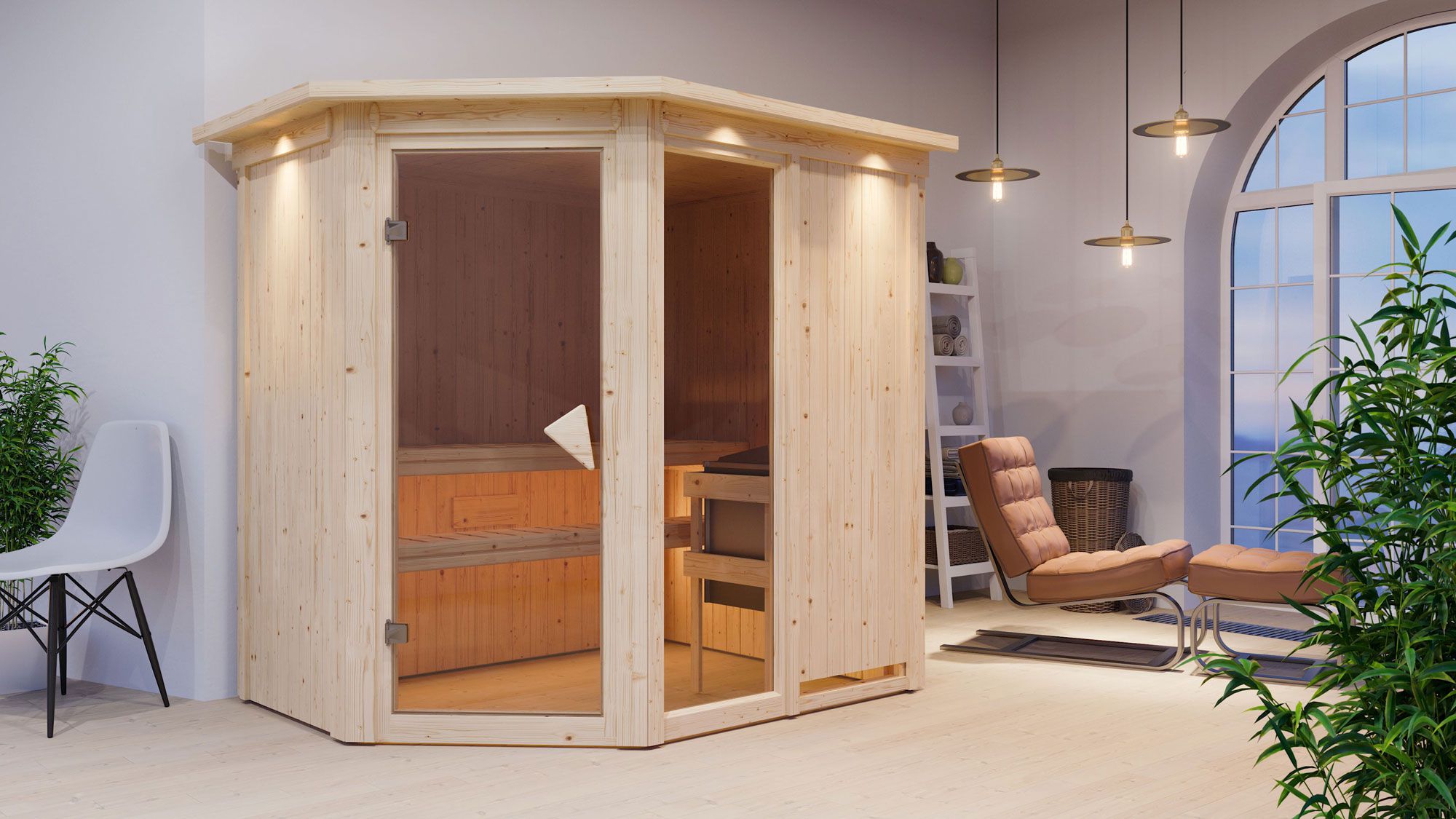 Sauna "Bjarki 1" SET mit bronzierter Tür und Kranz  mit Ofen 9 kW - 210 x 165 x 202 cm (B x T x H)