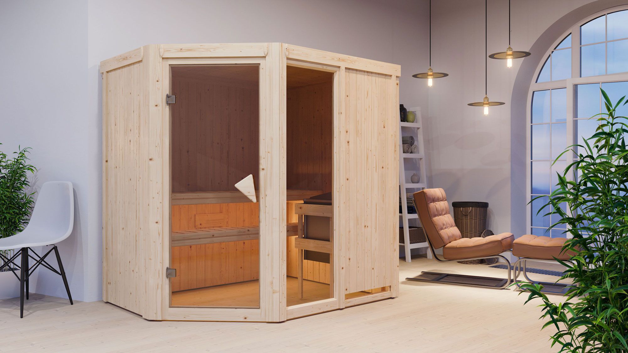 Sauna "Bjarki 1" SET mit bronzierter Tür - Farbe: Natur, Ofen 9 kW Edelstahl. - 196 x 151 x 198 cm (B x T x H)