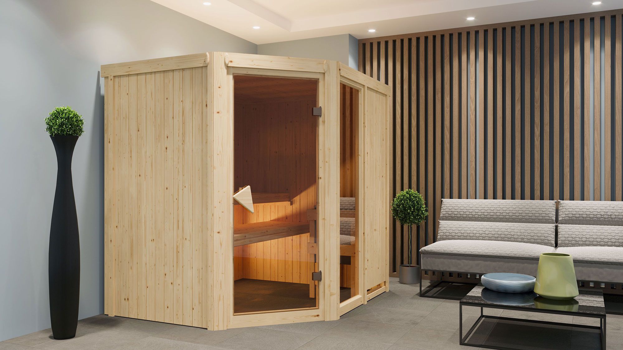 Sauna "Bjarki 2" SET mit bronzierter Tür & Ofen 9 kW Edelstahl - 196 x 170 x 198 cm (B x T x H)