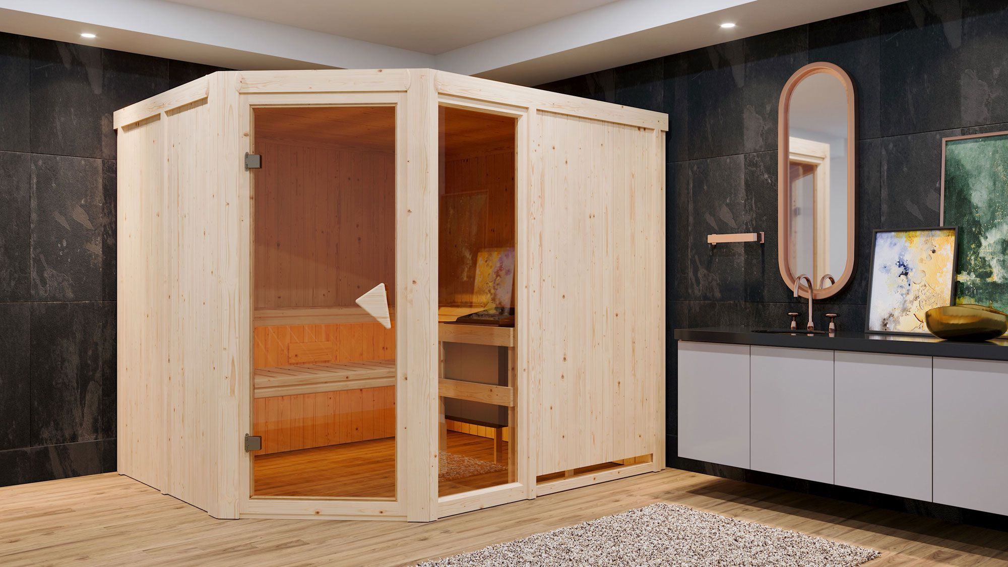 Sauna "Bjarki 3" SET mit bronzierter Tür & Ofen 9 kW Edelstahl - 231 x 196 x 198 cm (B x T x H)