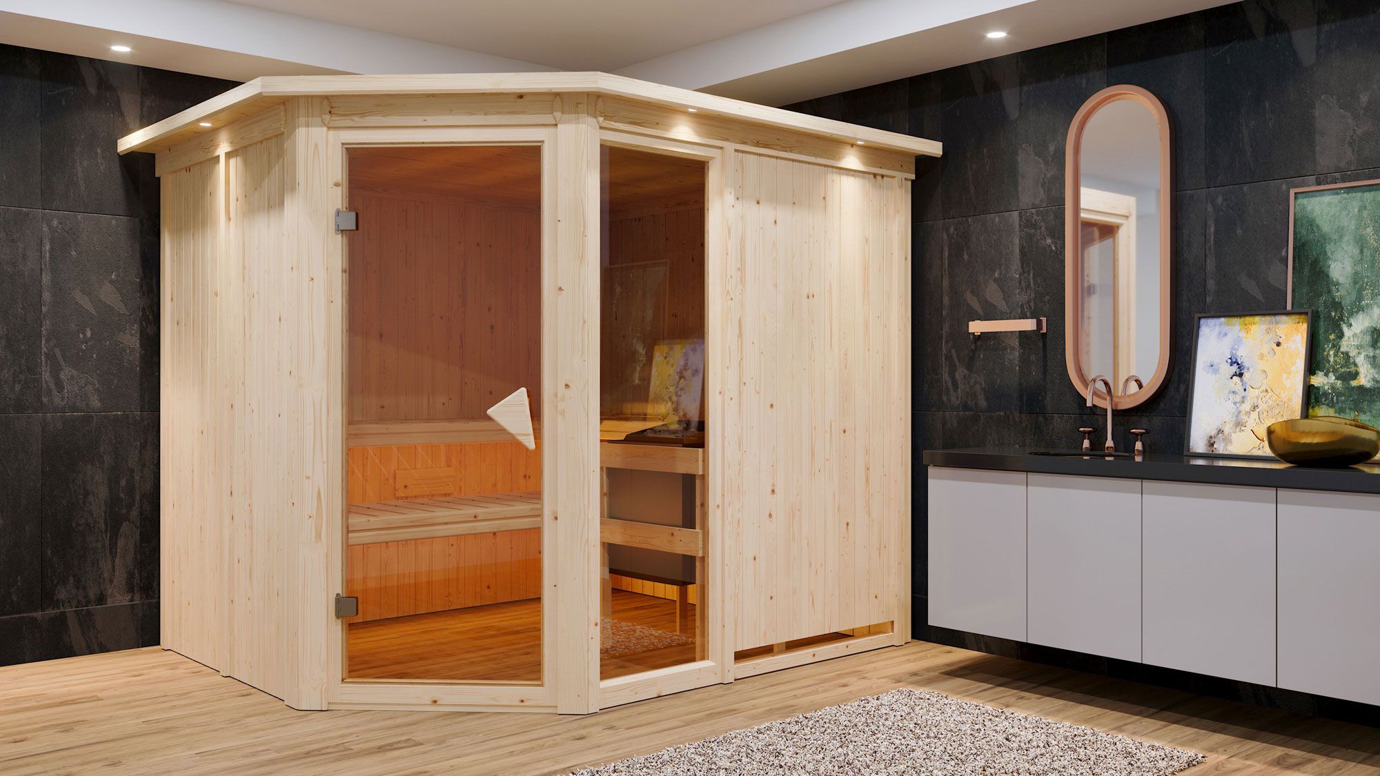 Sauna "Bjarki 3" SET mit bronzierter Tür und Kranz  mit Ofen externe Steuerung easy 9 kW Edelstahl - 245 x 210 x 202 cm (B x T x H)