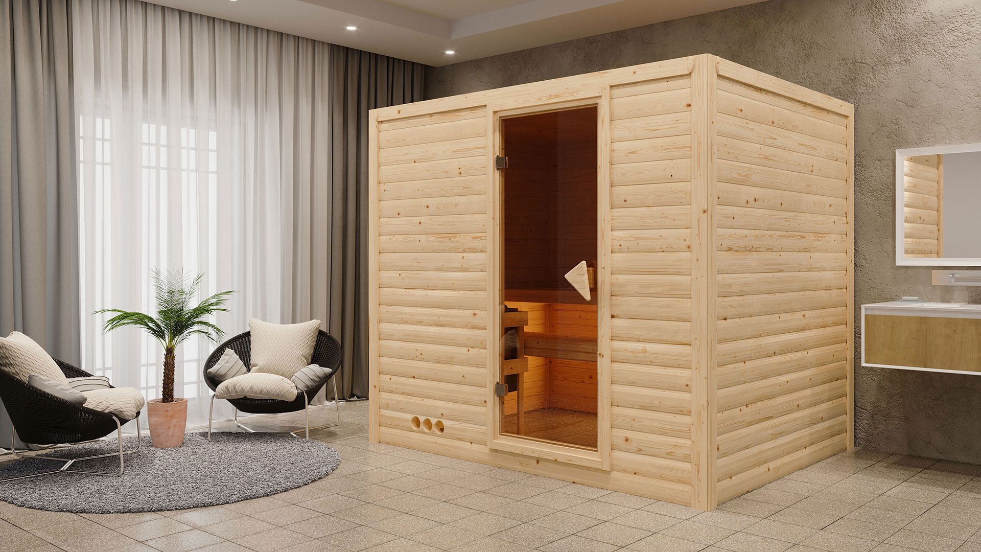 Sauna "Leja" SET mit bronzierter Tür & Ofen externe Steuerung easy 9 kW Edelstahl - 231 x 196 x 200 cm (B x T x H)