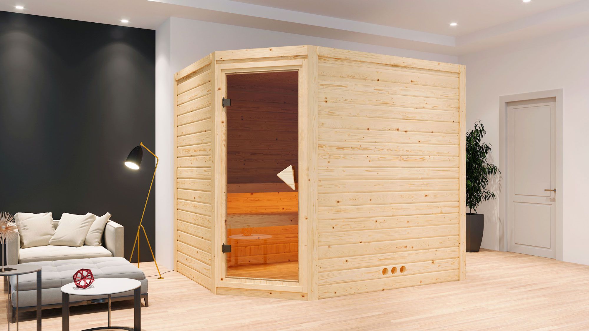 Sauna "Kirsten" SET mit bronzierter Tür & Ofen externe Steuerung easy 9 kW Edelstahl - 231 x 196 x 200 cm (B x T x H)