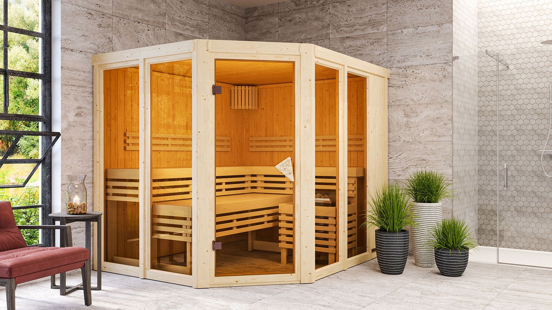 Sauna "Alvara" mit bronzierter Tür - Farbe: Natur - 231 x 196 x 198 cm (B x T x H)