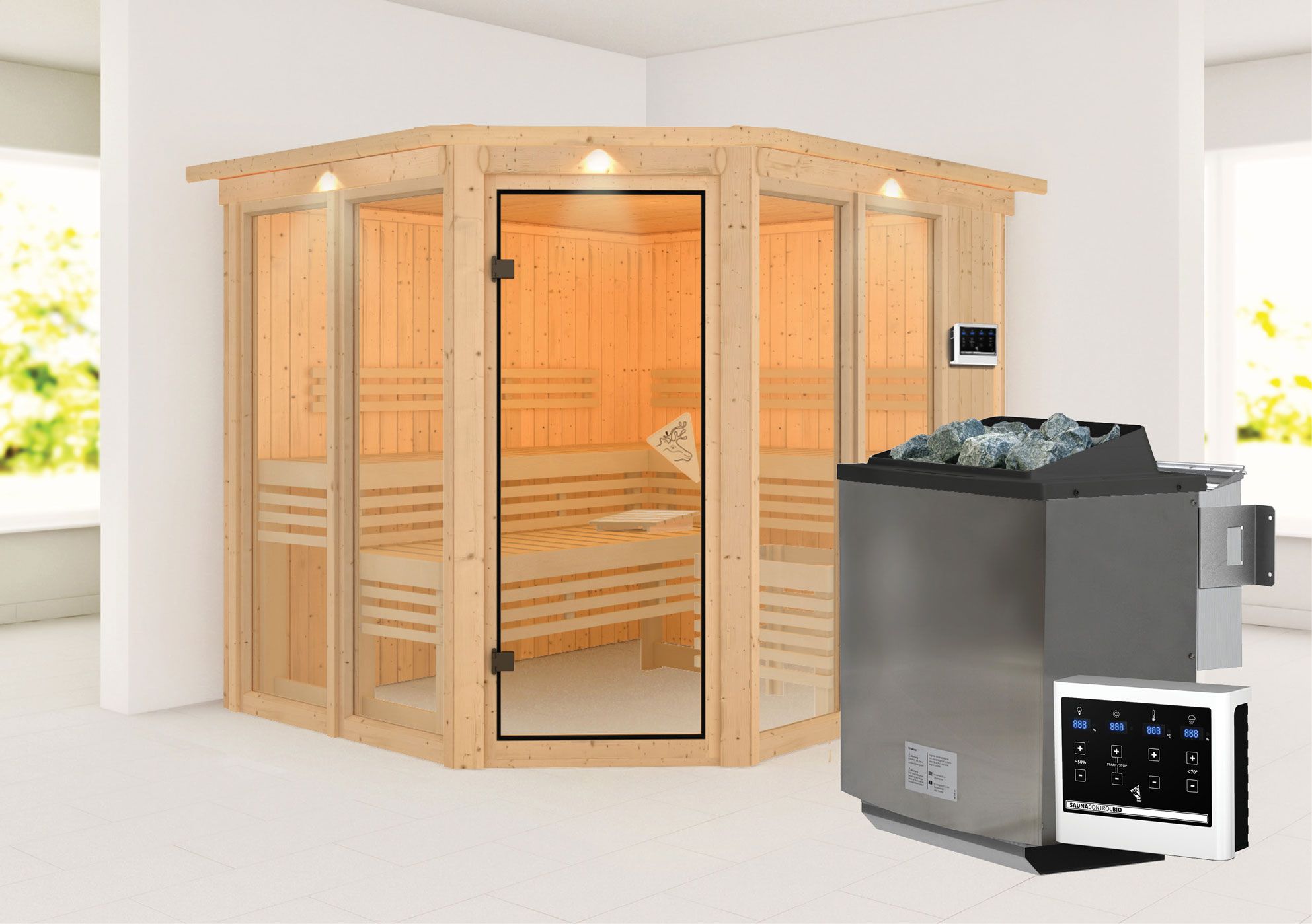 Sauna "Alvara" SET mit bronzierter Tür und Kranz - Farbe: Natur, Ofen BIO 9 kW mit - 245 x 210 x 202 cm (B x T x H)