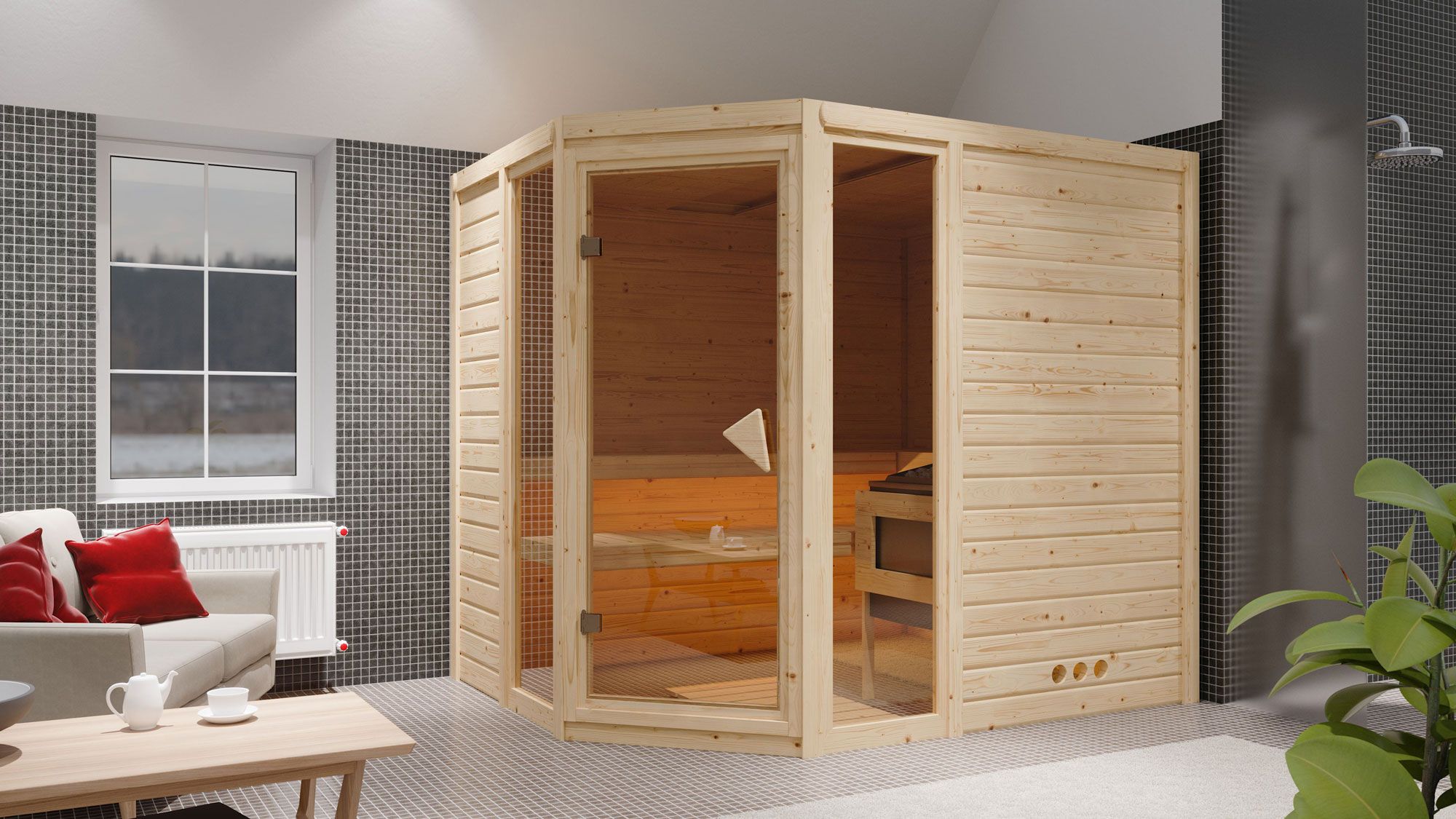 Sauna "Sunniva 3" mit bronzierter Tür - Farbe: Natur - 236 x 184 x 209 cm (B x T x H)