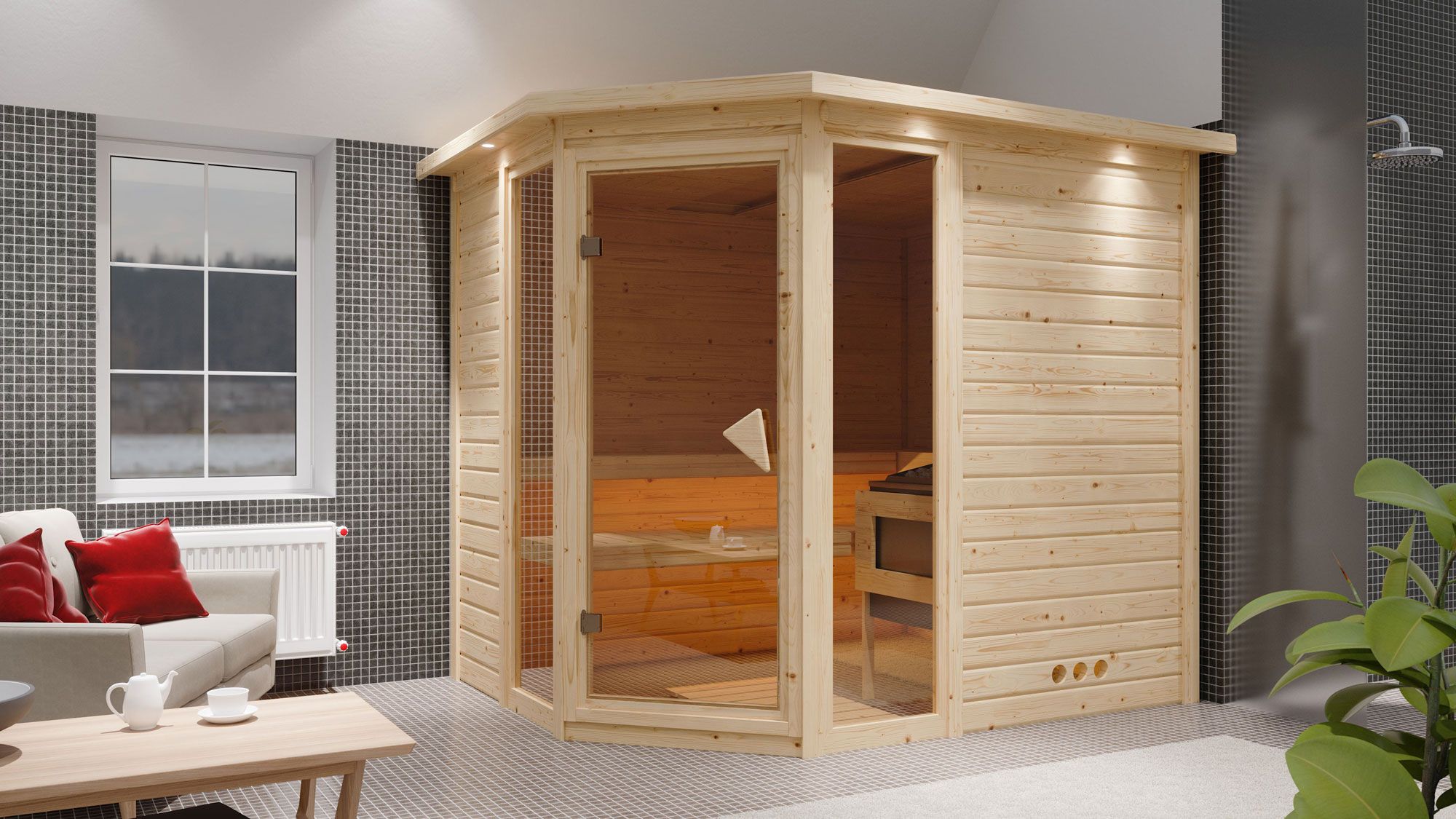 Sauna "Sunniva 3" mit bronzierter Tür und Kranz - Farbe: Natur - 264 x 198 x 212 cm (B x T x H)