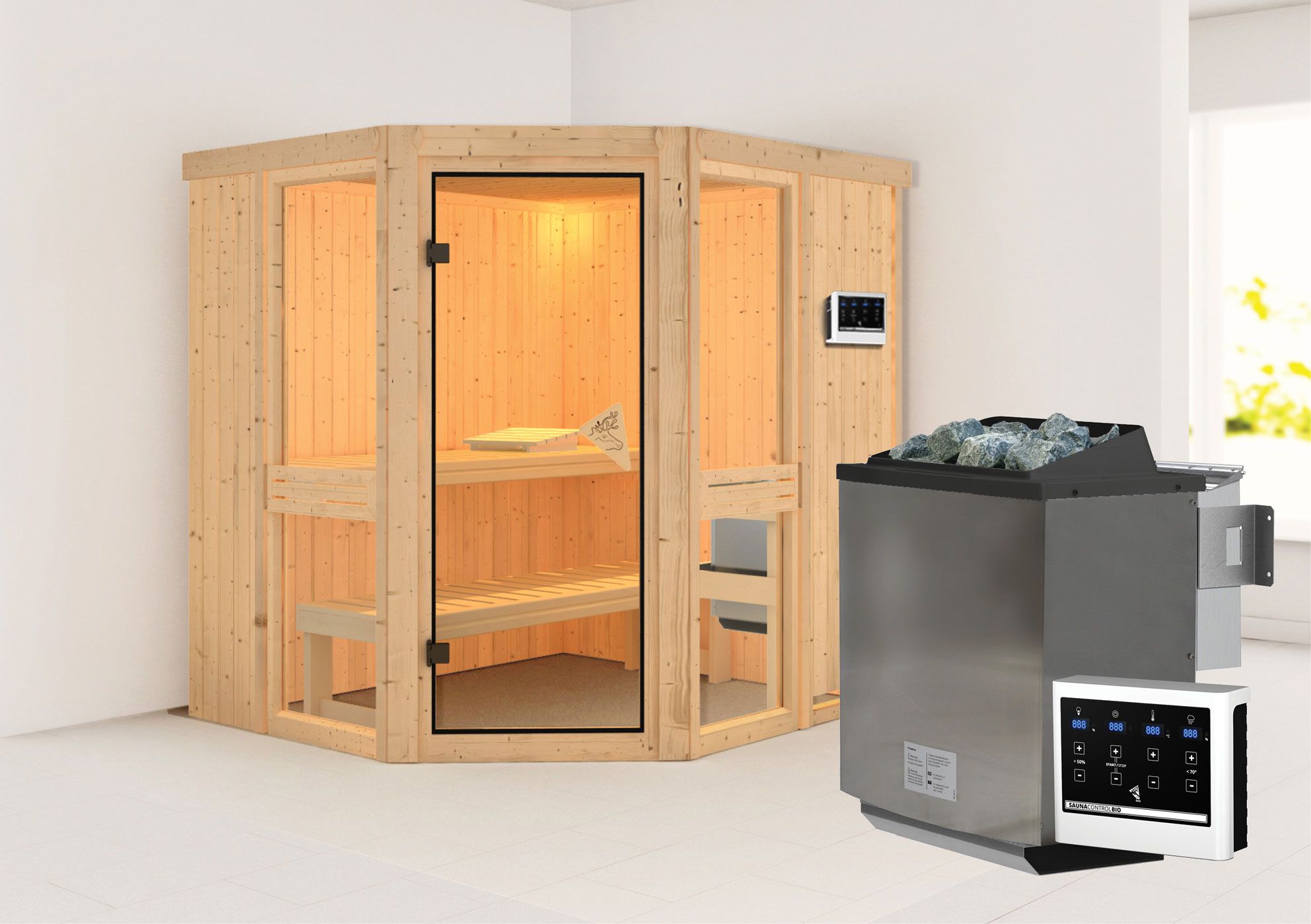 Sauna "Tjelvar 1" SET mit bronzierter Tür & Ofen BIO 9 kW Edelstahl - 196 x 170 x 198 cm (B x T x H)