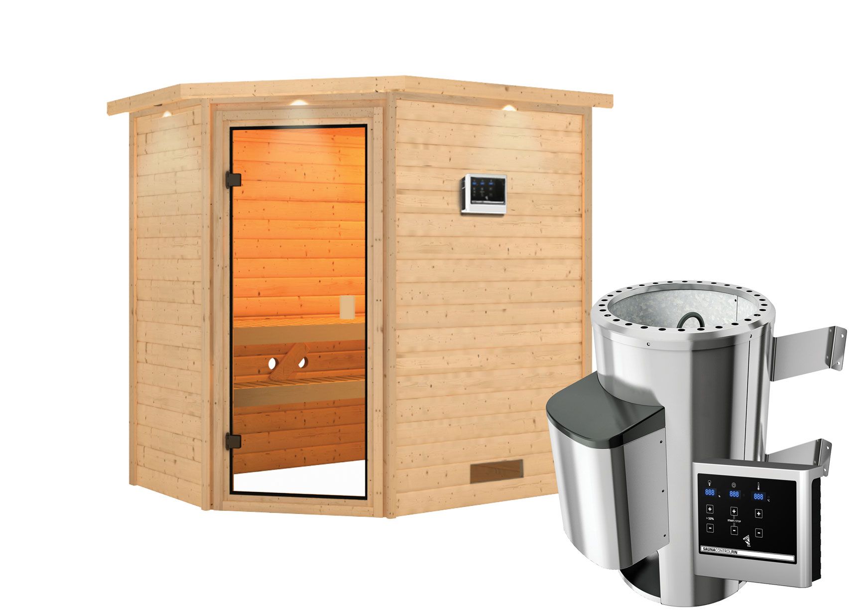 Sauna "Njal" SET mit bronzierter Tür und Kranz - Farbe: Natur, Ofen externe Steuerung easy 3,6 kW - 223 x 159 x 191 cm (B x T x H)