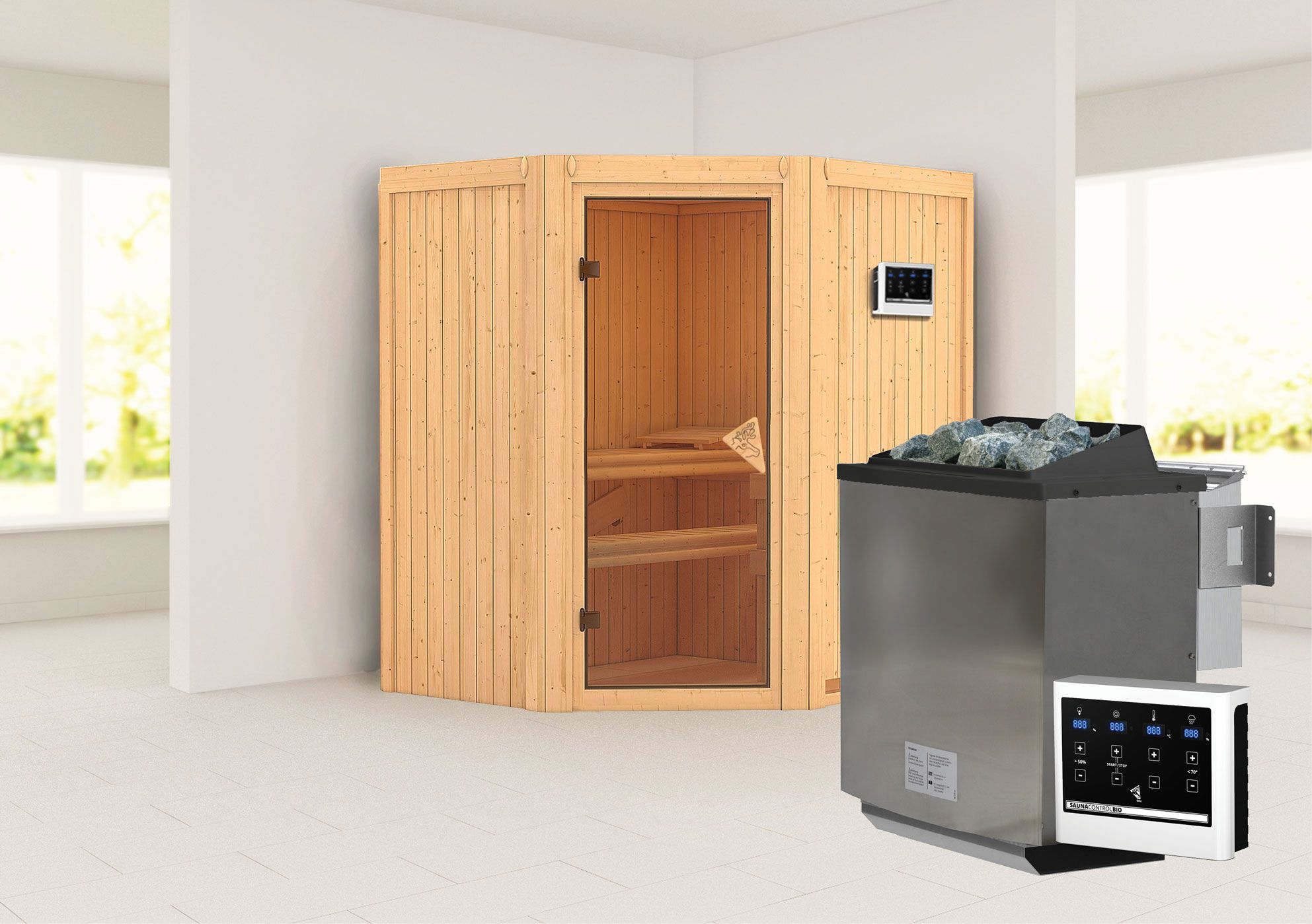 Sauna "Leevi" SET mit bronzierter Tür - Farbe: Natur, Ofen BIO 9 kW - 170 x 151 x 198 cm (B x T x H)