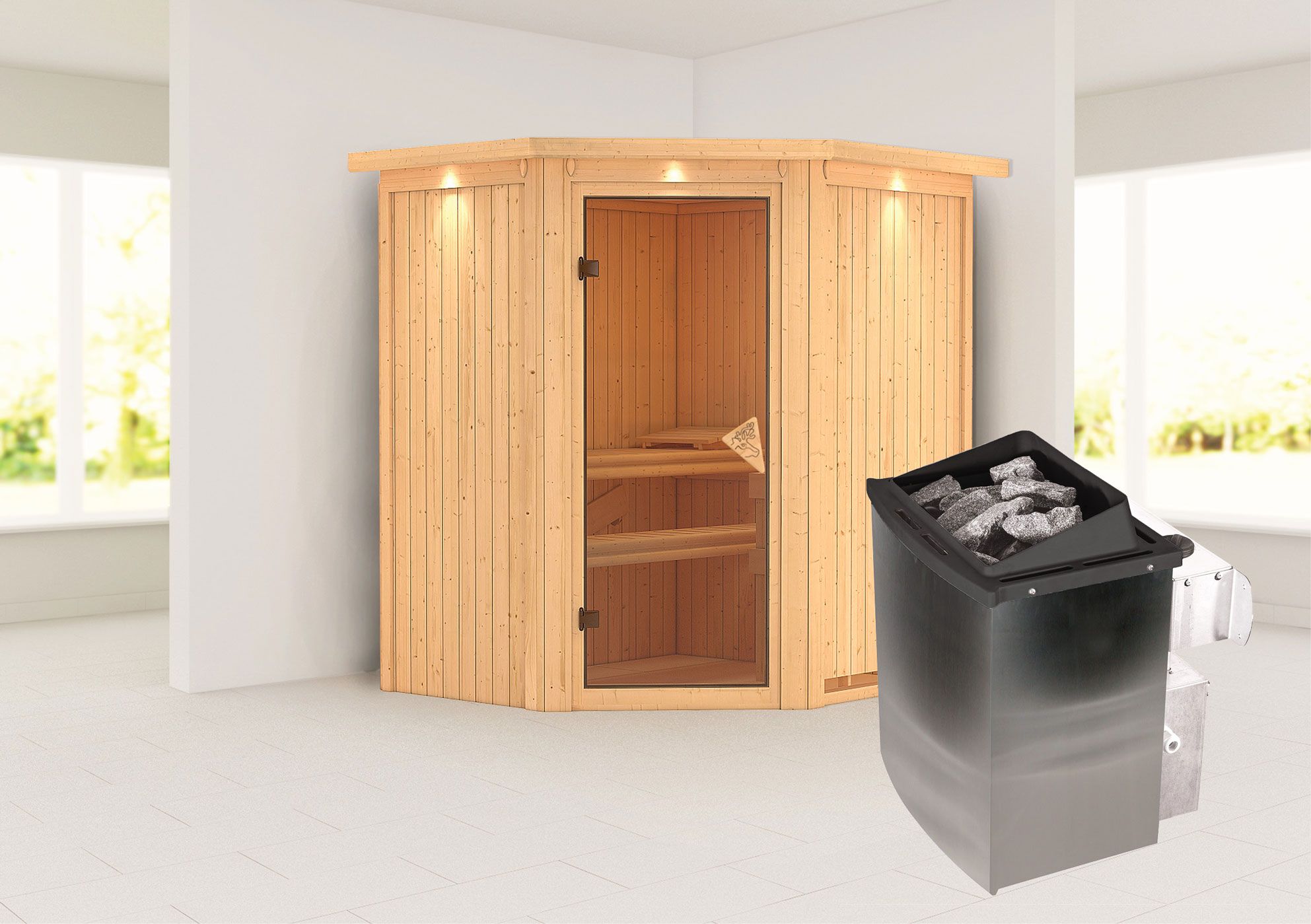 Sauna "Leevi" SET mit Kranz. Farbe: Natur, Ofen 9 kW - 184 x 165 x 202 cm (B x T x H)