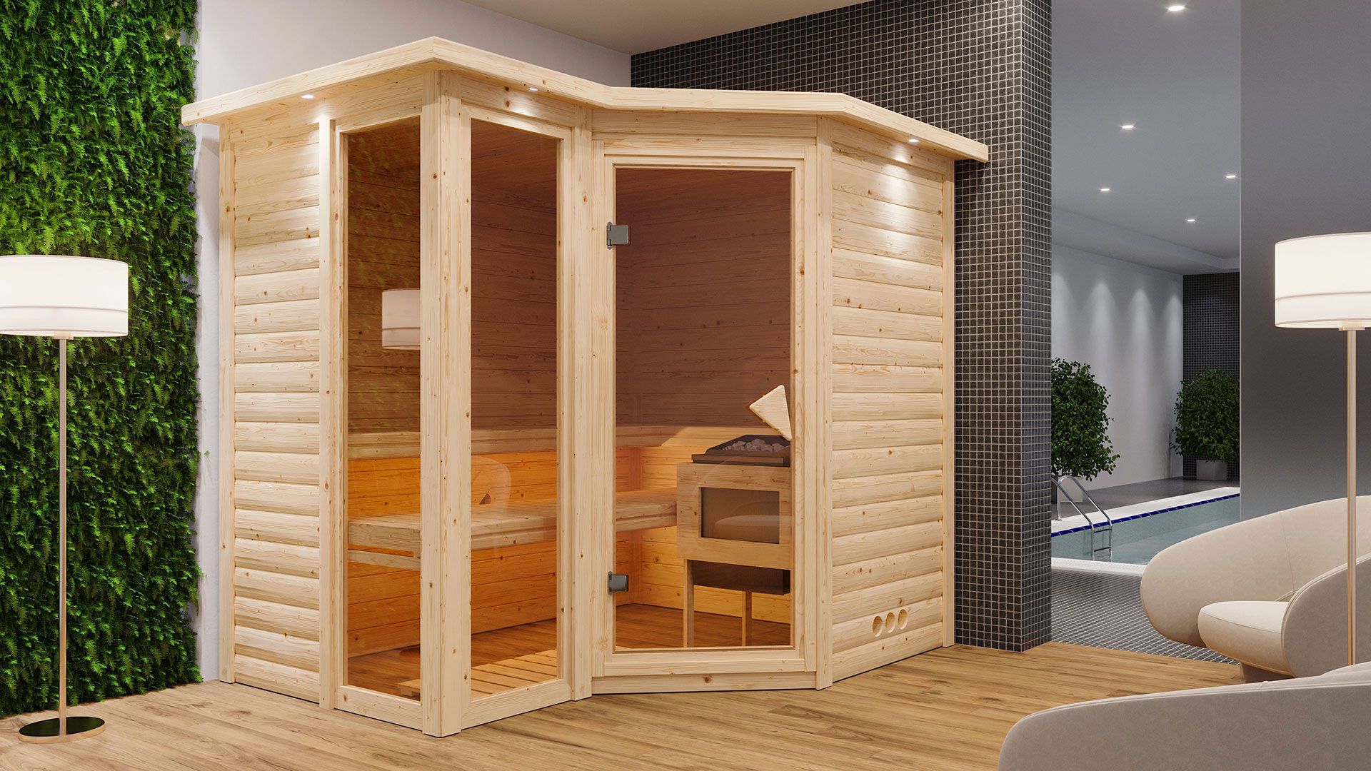 Sauna "Solveig" SET mit bronzierter Tür und Kranz - Farbe: Natur, Ofen 9 kW - 264 x 198 x 212 cm (B x T x H)