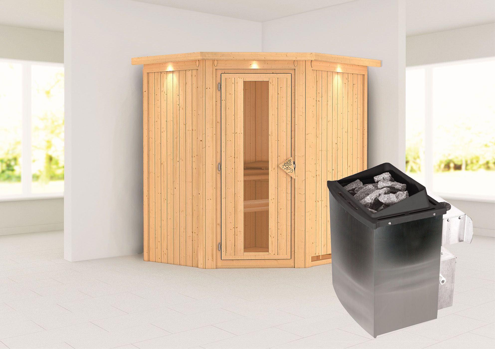 Sauna "Leevi" SET mit Energiespartür und Kranz - Farbe: Natur, Ofen 9 kW - 184 x 165 x 202 cm (B x T x H)