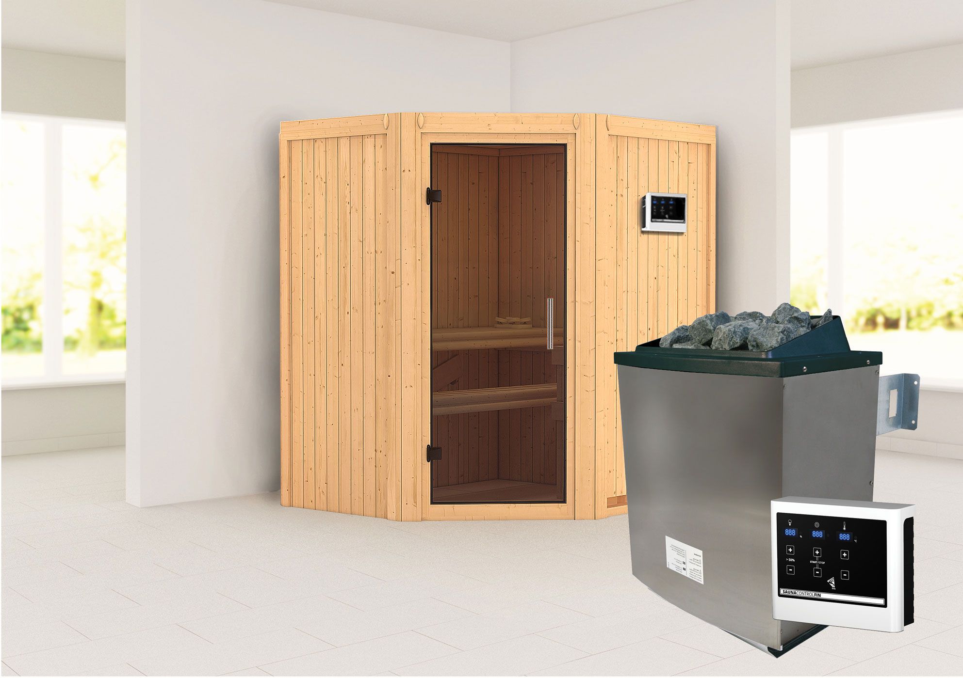 Sauna "Leevi" SET mit graphitfarbene Tür - Farbe: Natur, Ofen externe Steuerung easy 9 kW - 170 x 151 x 198 cm (B x T x H)