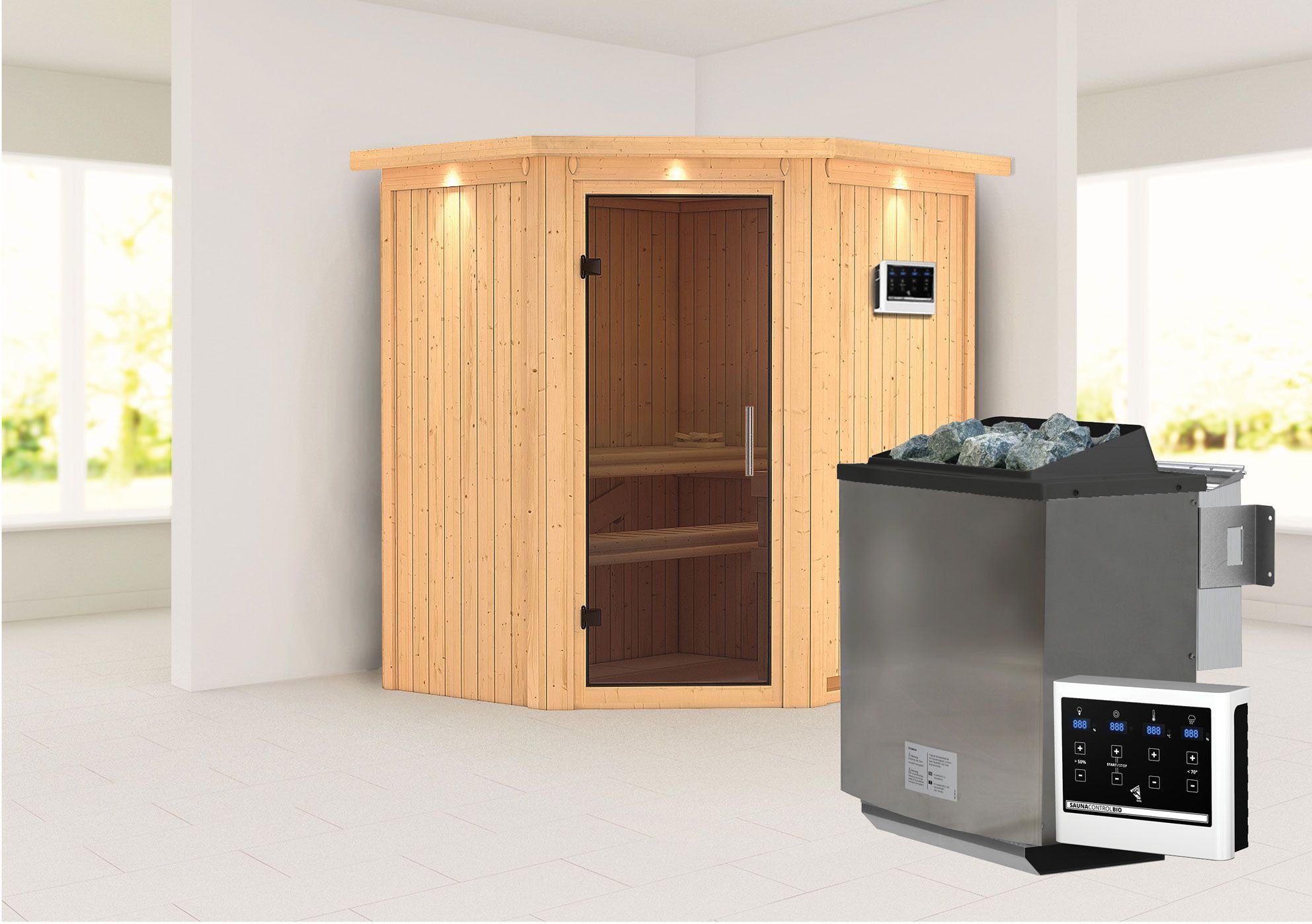 Sauna "Leevi" SET mit graphitfarbene Tür und Kranz - Farbe: Natur, Ofen BIO 9 kW - 184 x 165 x 202 cm (B x T x H)