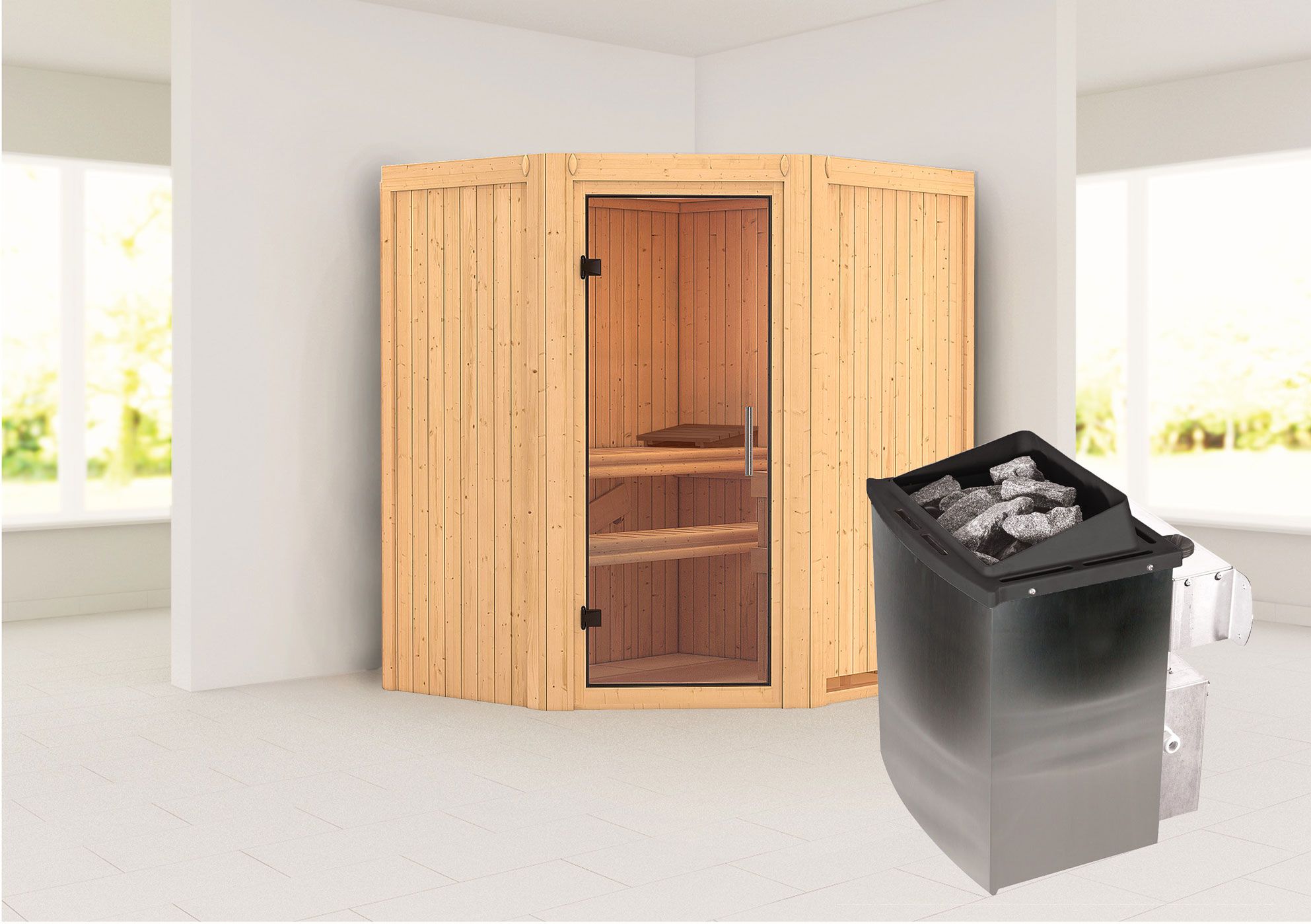 Sauna "Leevi" SET mit Klarglastür & Ofen 9 kW - 170 x 151 x 198 cm (B x T x H)