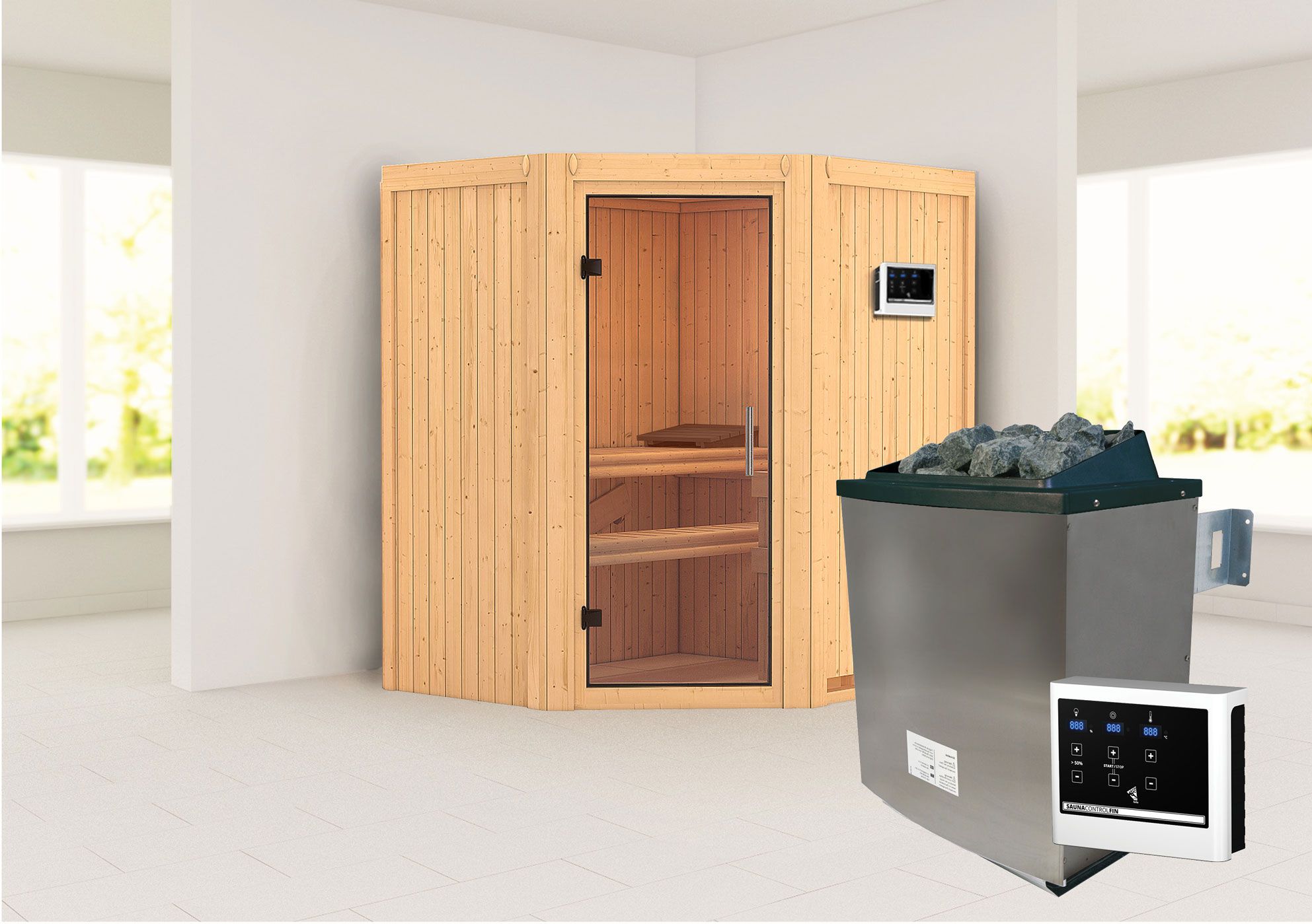 Sauna "Leevi" SET mit Klarglastür & Ofen externe Steuerung easy 9 KW - 170 x 151 x 198 cm (B x T x H)