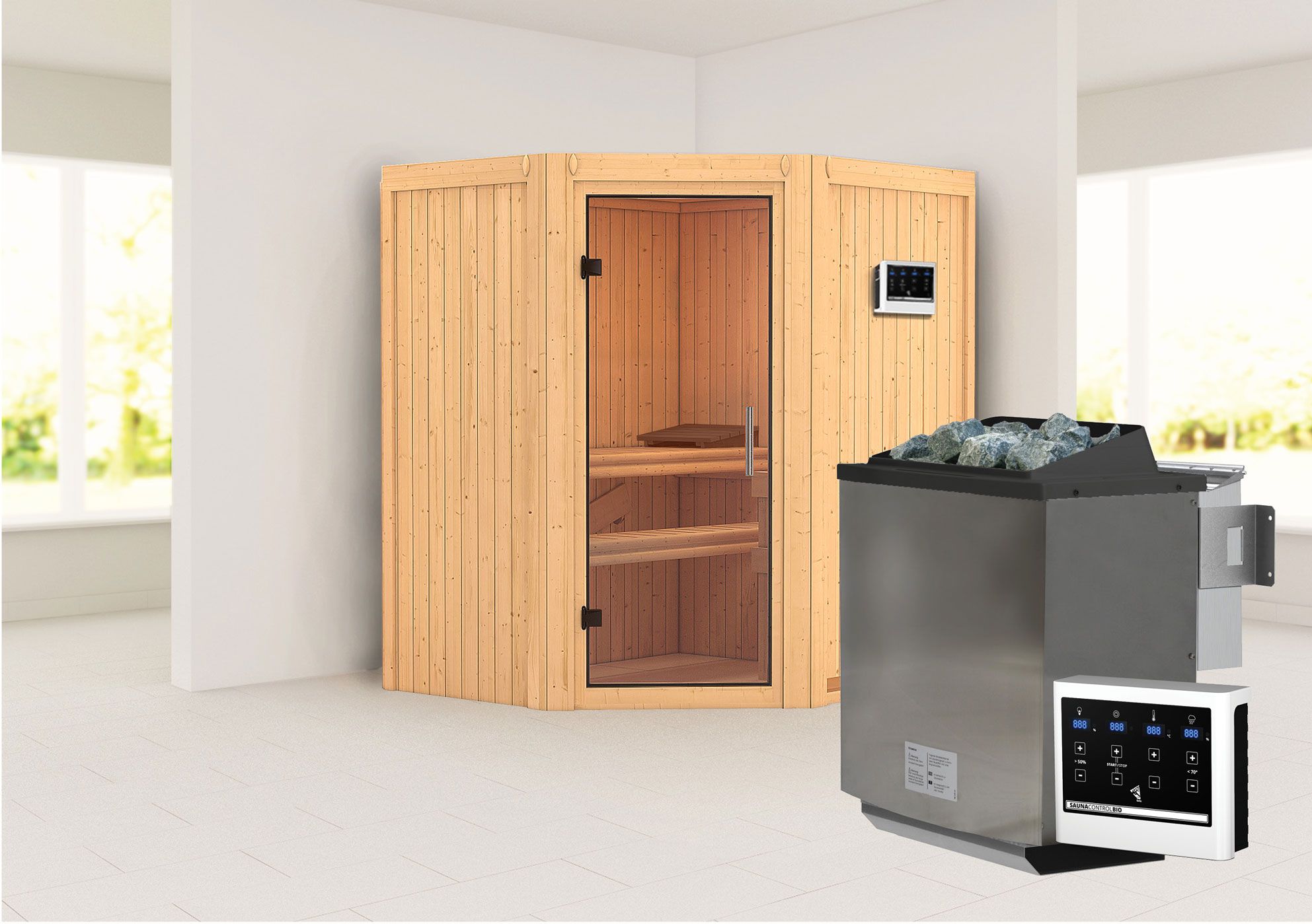 Sauna "Leevi" SET mit Klarglastür & Ofen BIO 9 kW - 170 x 151 x 198 cm (B x T x H)