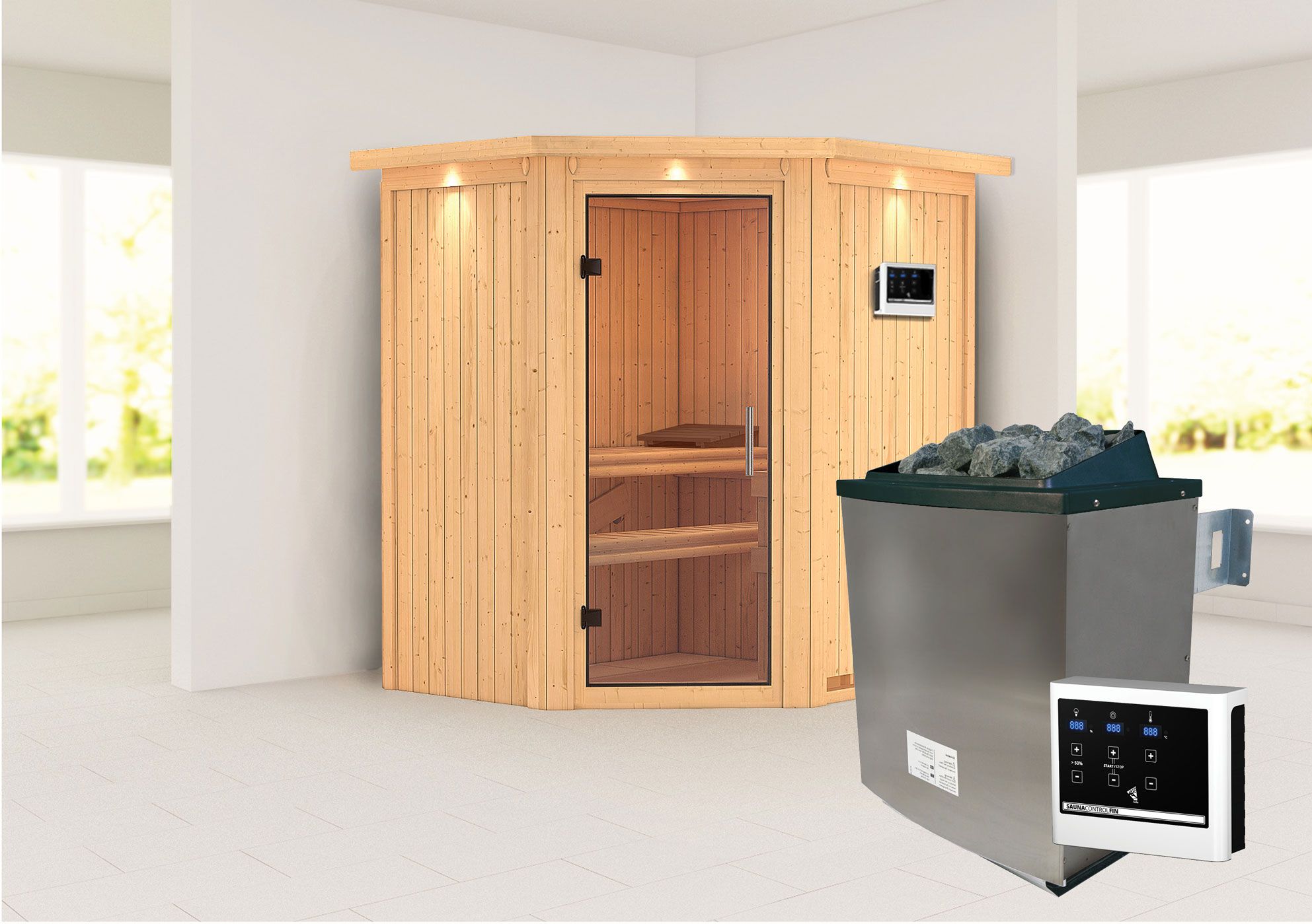 Sauna "Leevi" SET mit Klarglastür, Kranz & Ofen externe Steuerung easy 9 KW - 184 x 165 x 202 cm (B x T x H)