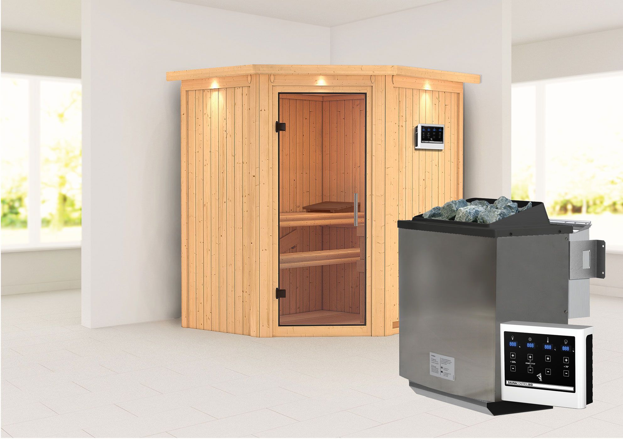 Sauna "Leevi" SET mit Klarglastür, Kranz & Ofen BIO 9 kW - 184 x 165 x 202 cm (B x T x H)