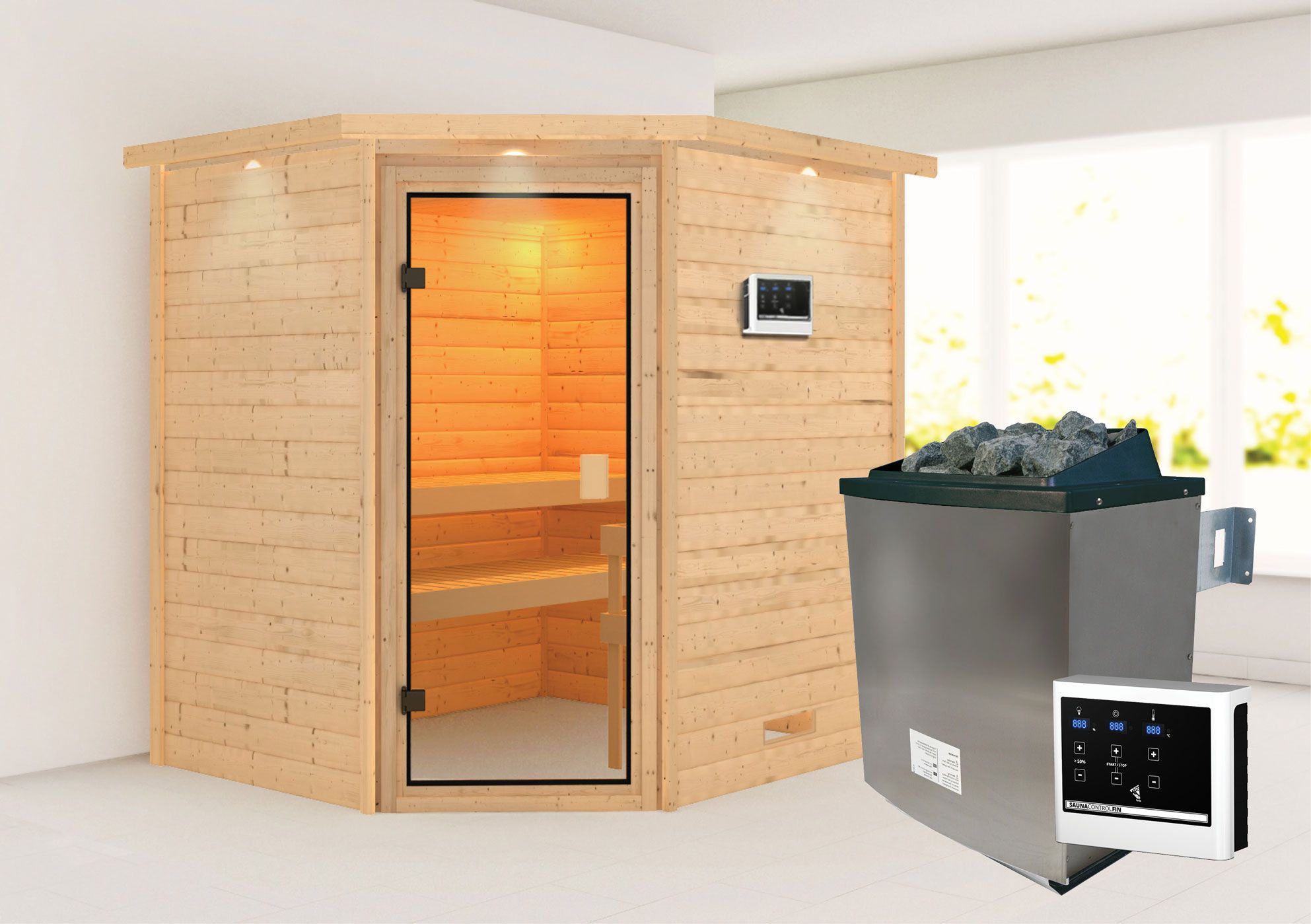 Sauna "Kirsa" SET AKTION mit bronzierter Tür, Kranz & Ofen externe Steuerung easy 9 KW - 224 x 184 x 202 cm (B x T x H)