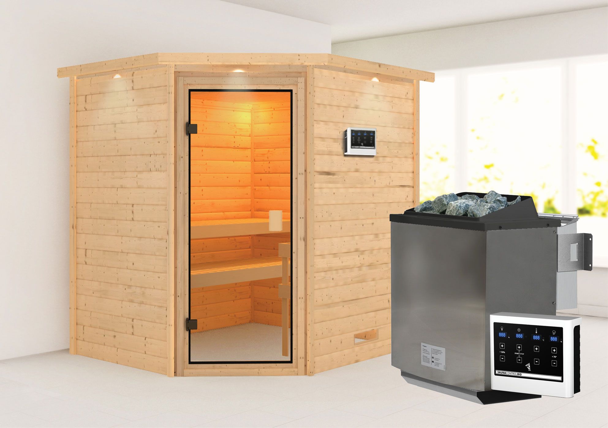 Sauna "Kirsa" SET AKTION mit bronzierter Tür, Kranz & Ofen BIO 9 kW - 224 x 184 x 202 cm (B x T x H)