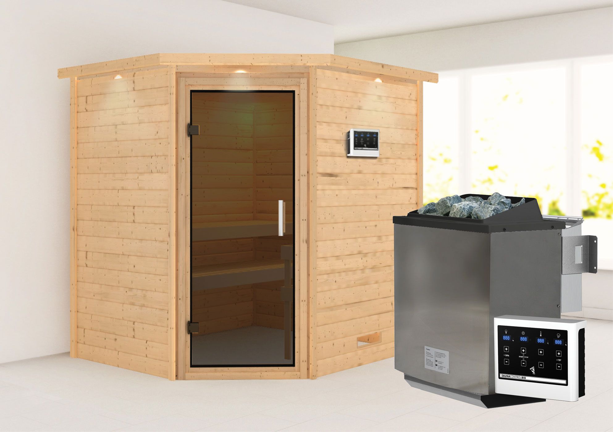 Sauna "Kirsa" SET AKTION mit Kranz, graphitfarbener Tür & Ofen BIO 9 kW - 224 x 184 x 202 cm (B x T x H)