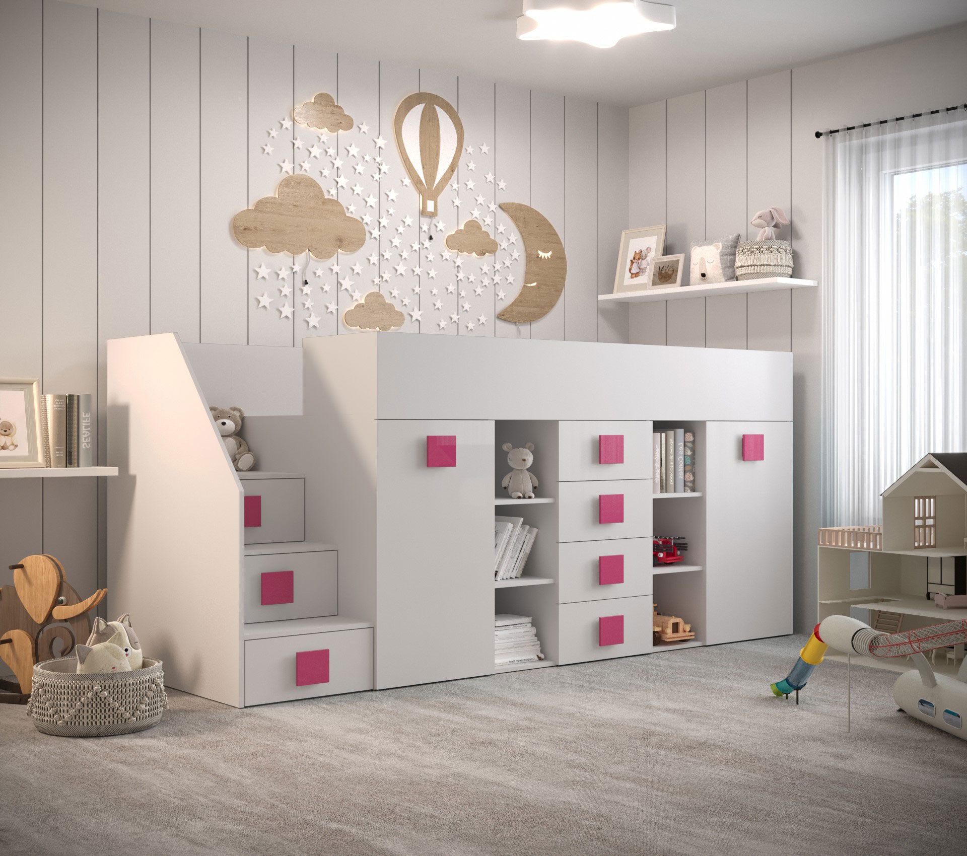 Modernes Funktionsbett / Kinderbett, Treppe: Links, Jura 76, Farbe: Weiß / Pink, Liegefläche: 90 x 200 cm, mit integriertem Schreibtisch, zwölf Fächer, ABS-Kantenschutz
