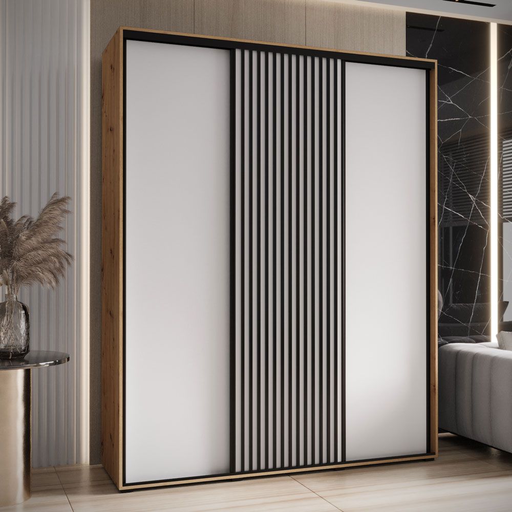 Schiebetürenschrank Tharo in Weiß/Eiche, auch für Wohnzimmer geeignet, Anti Staubbürsten, Metallgriff in schwarz, 235,2 x 190 x 45 cm, robust